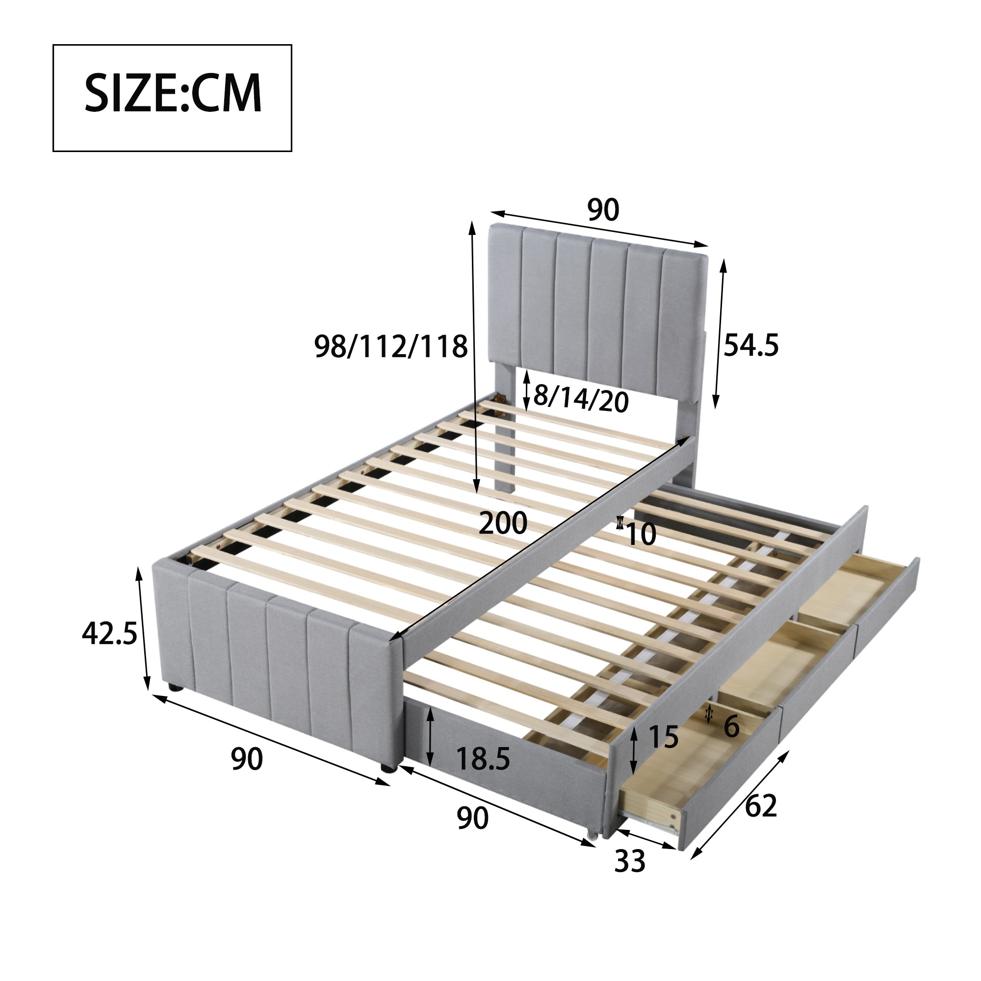 Logidon gestoffeerd bed 90x200 cm met onderschuifbed en opbergruimte grijs