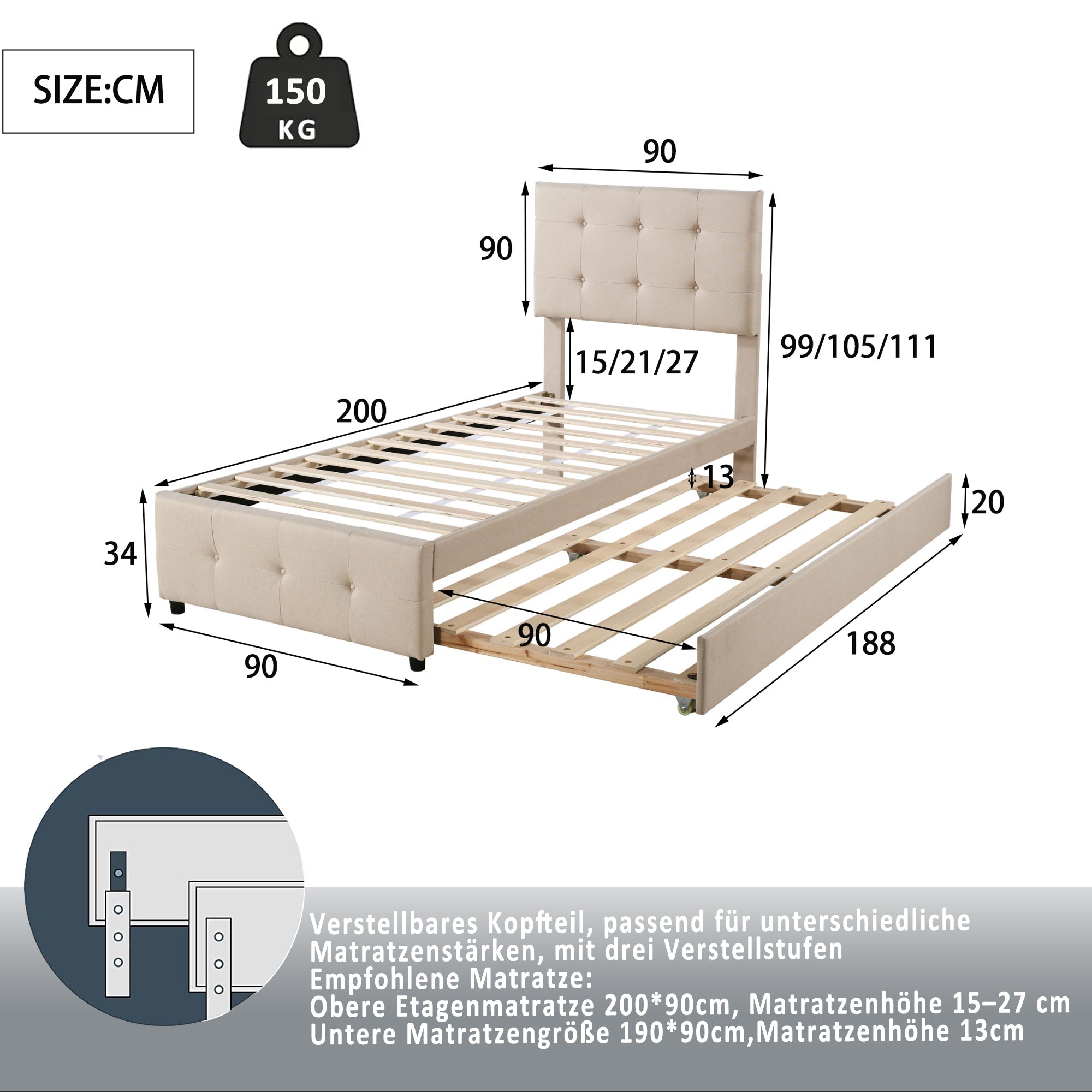 Logidon gestoffeerd bed 90x200 beige uitschuifbaar bed
