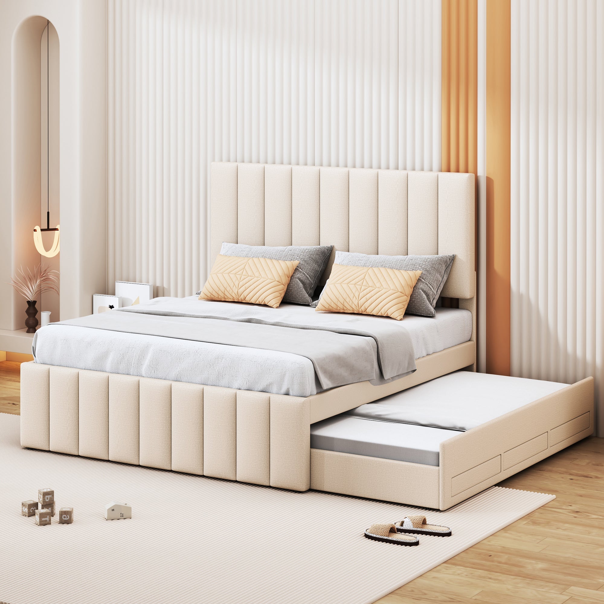 Logidon upholstered bed 140 x 200 cm beige with pull-out bed and drawers