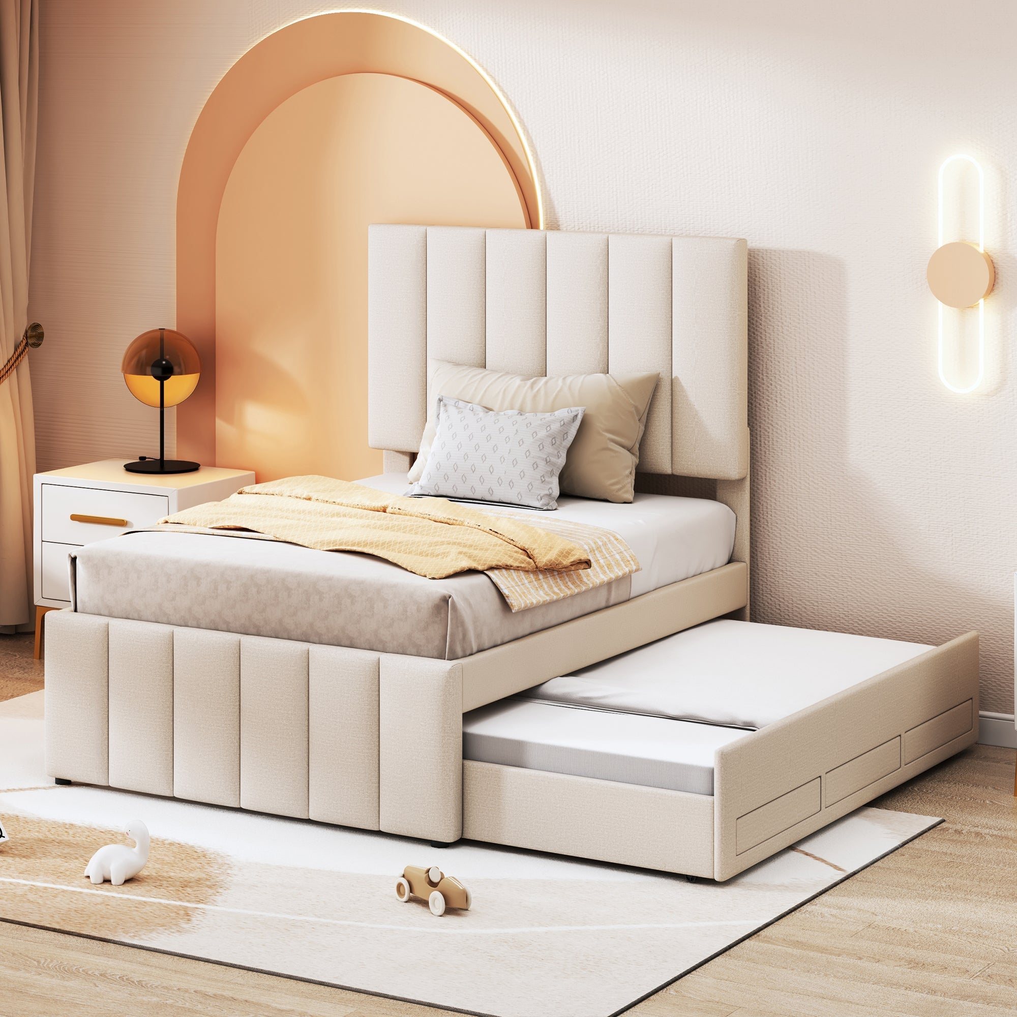 Logidon upholstered bed 90x200 beige with trundle bed and storage drawers