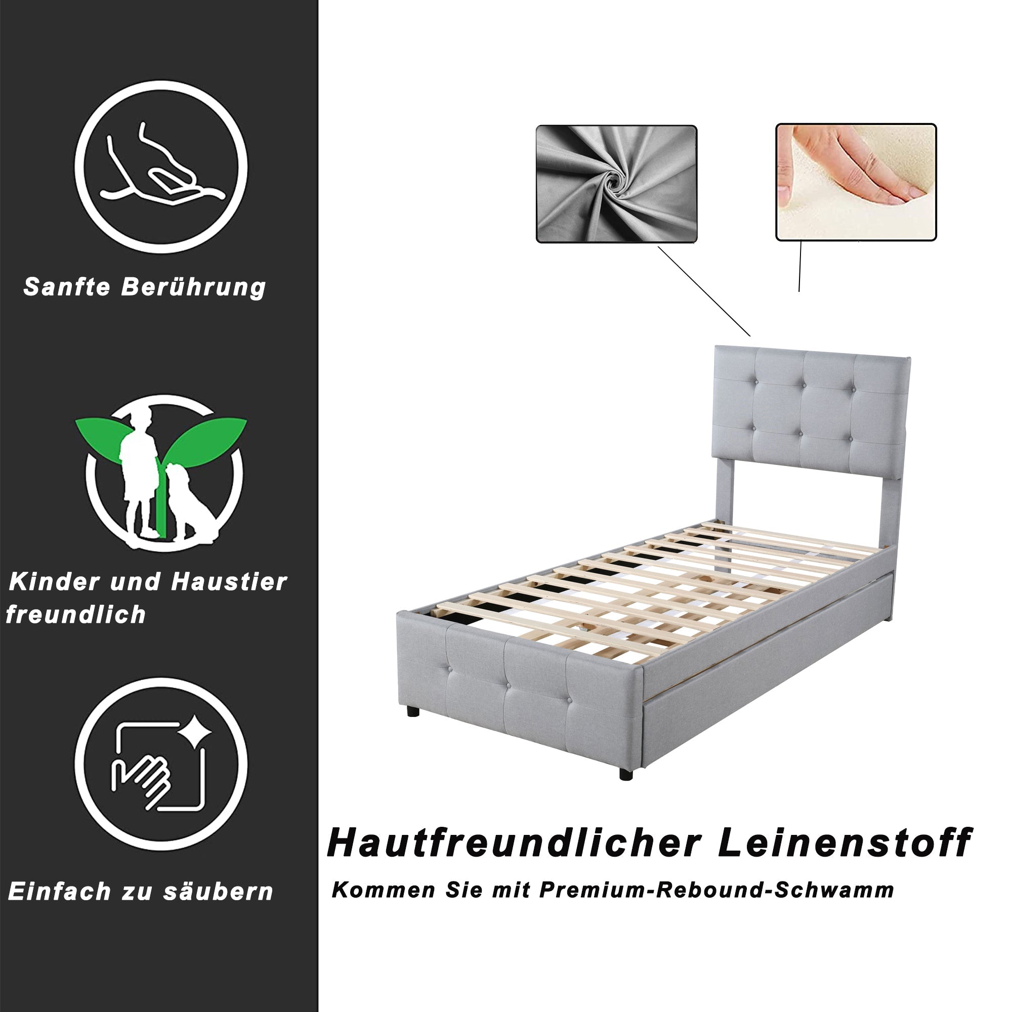 Logidon Upholstered Bed 90x200 Gray Extendable Bed Headboard Adjustable