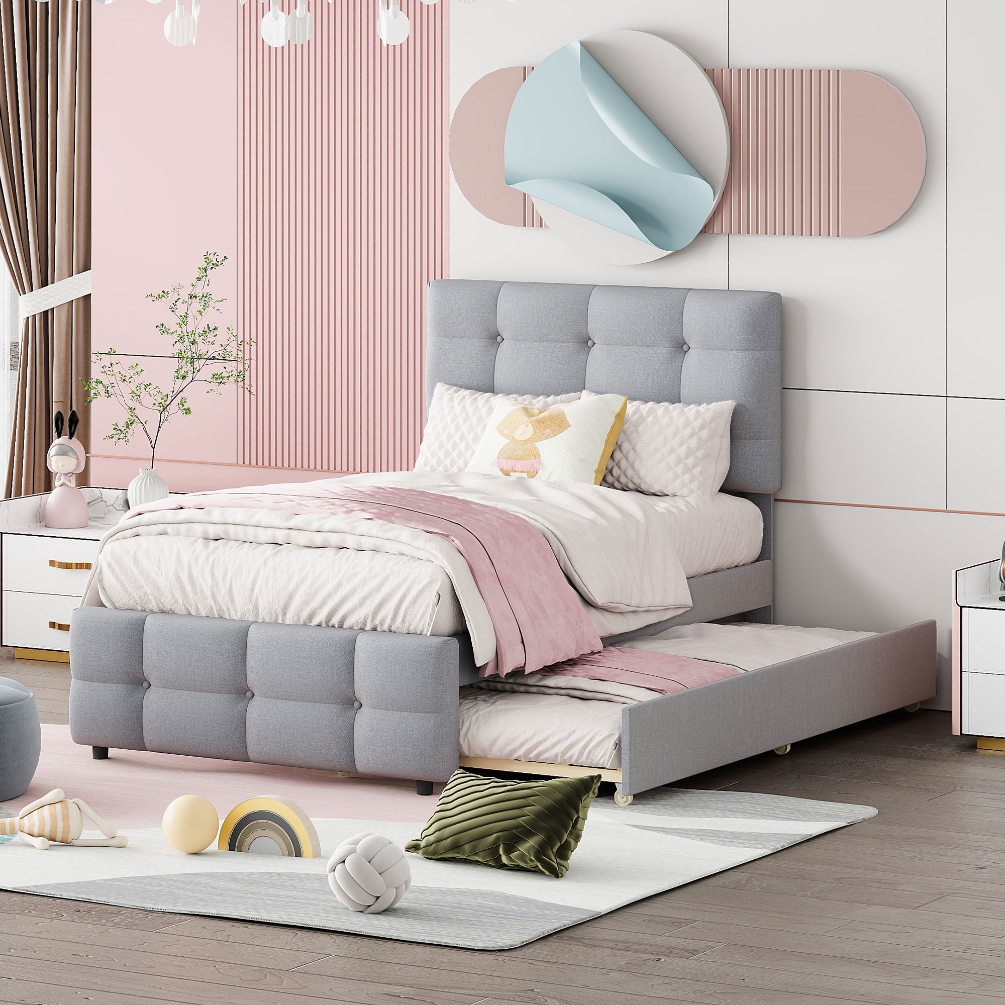 Logidon Upholstered Bed 90x200 Gray Extendable Bed Headboard Adjustable