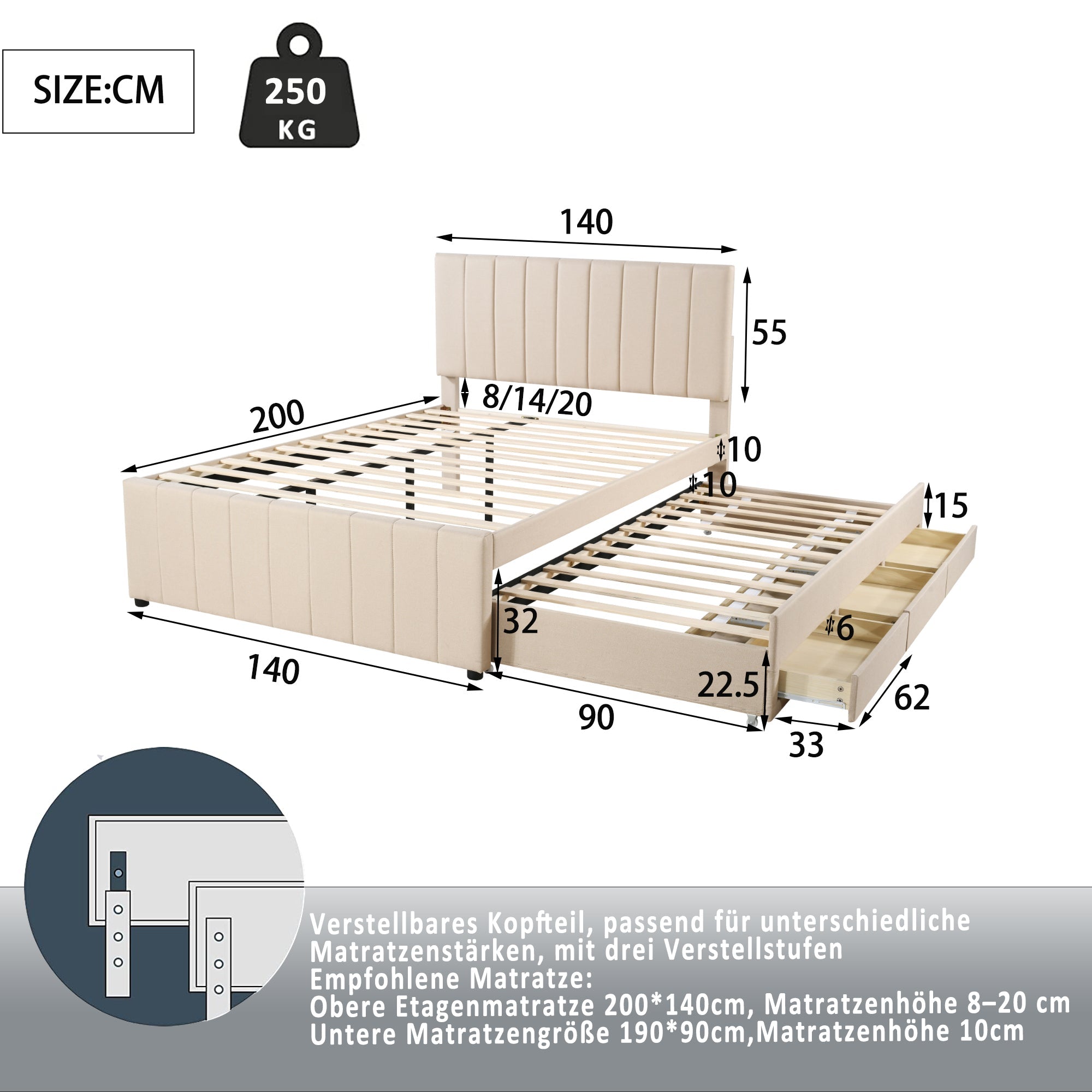 Logidon upholstered bed 140 x 200 cm beige with pull-out bed and drawers