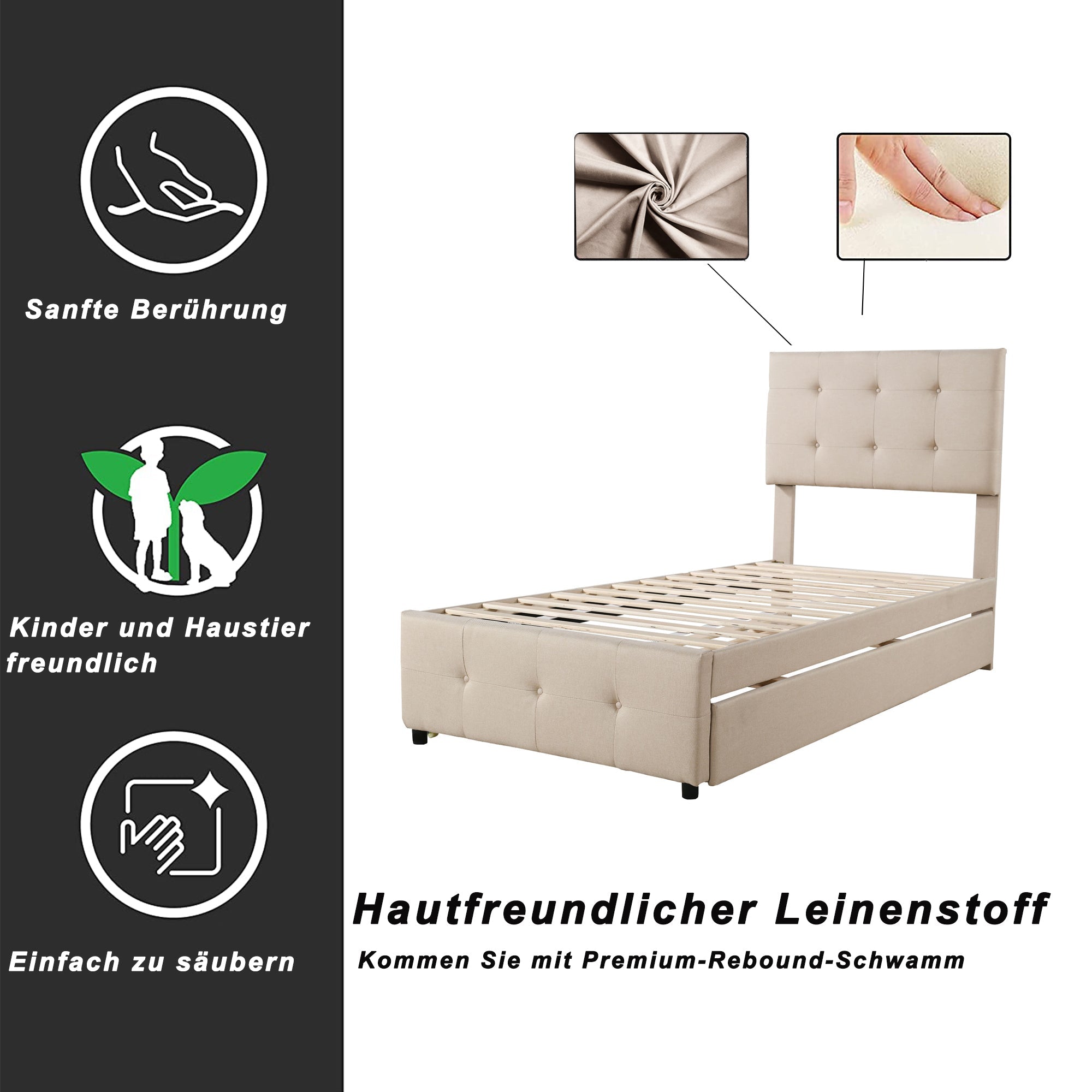 Logidon gestoffeerd bed 90x200 beige uitschuifbaar bed