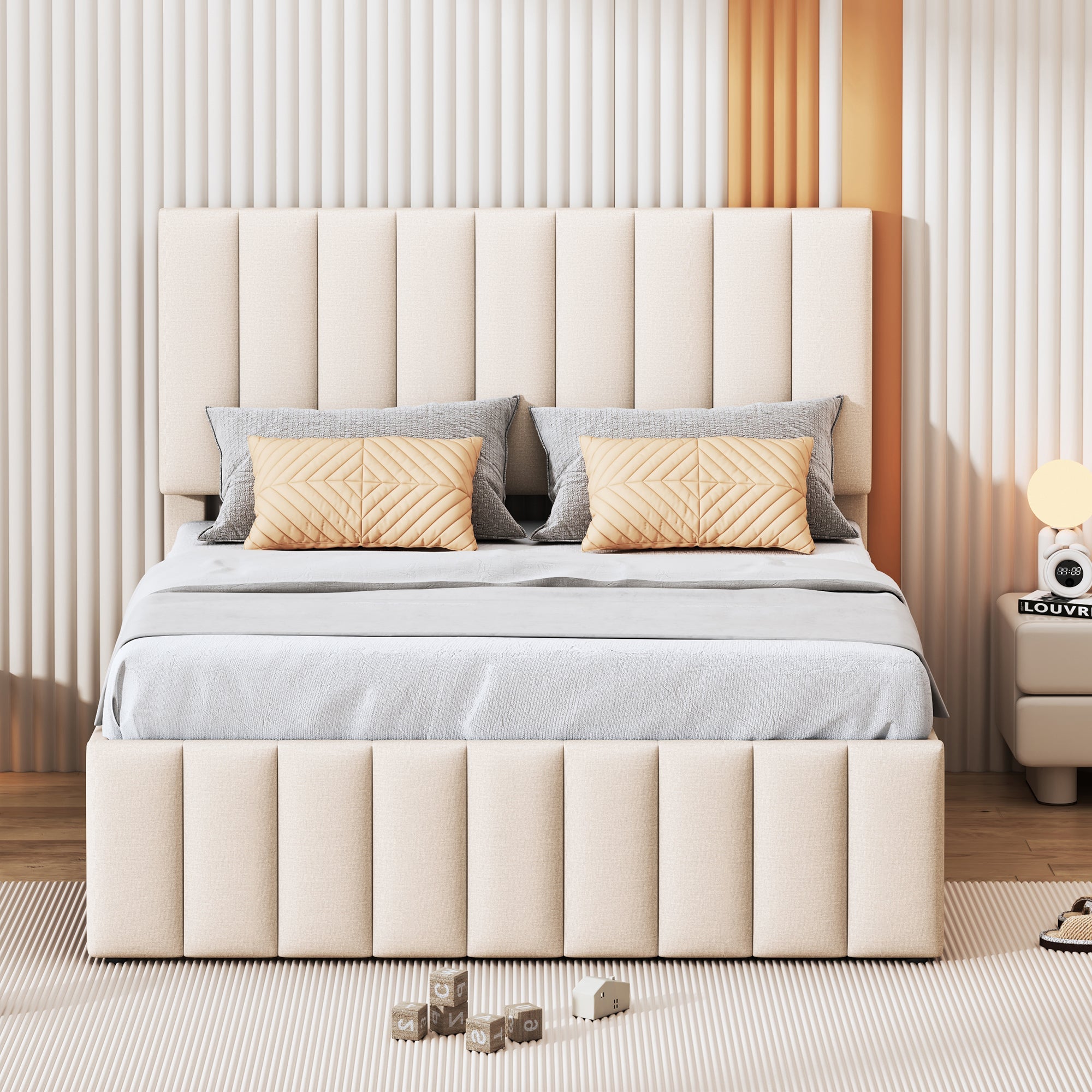Logidon upholstered bed 140 x 200 cm beige with pull-out bed and drawers