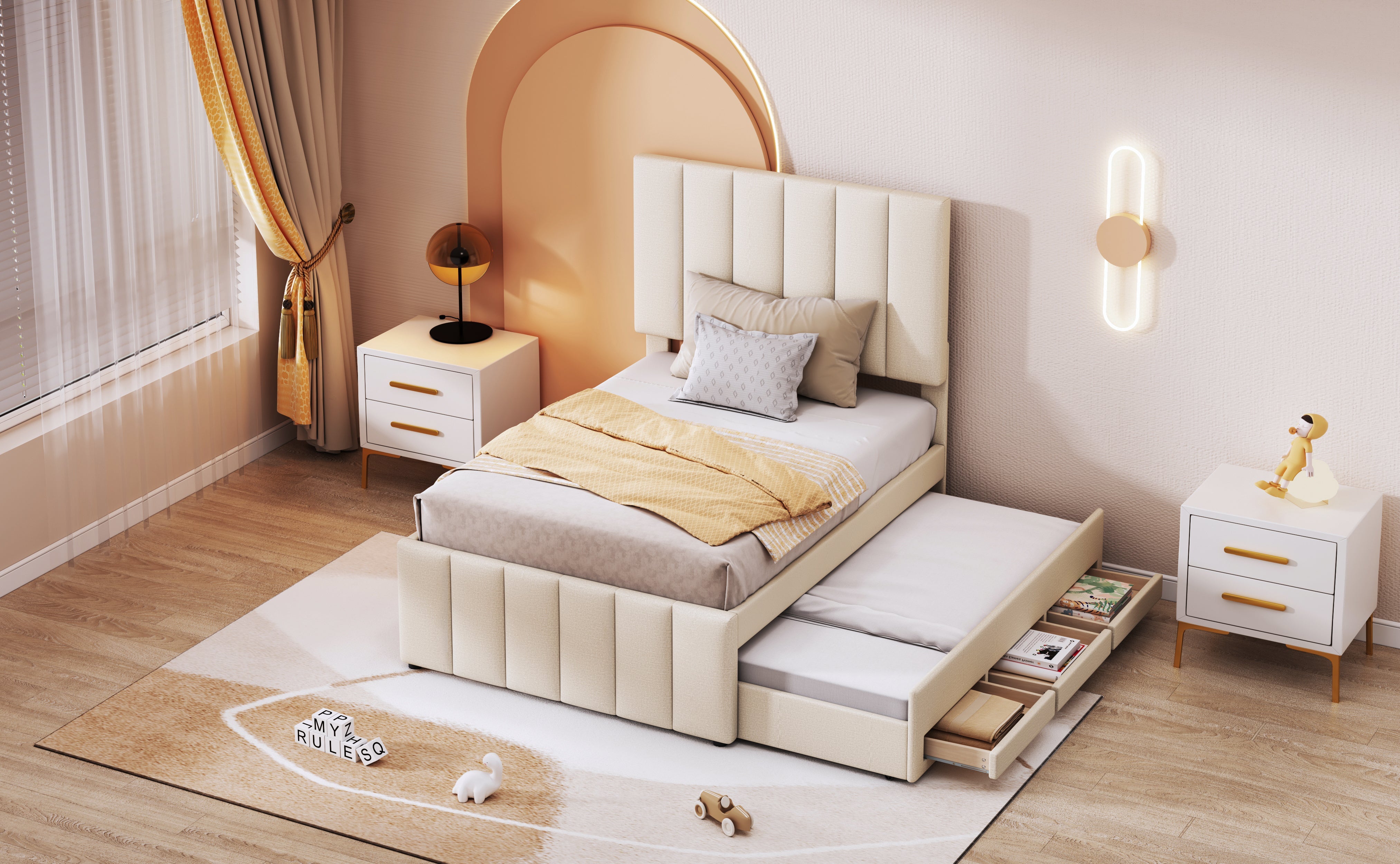 Logidon upholstered bed 90x200 beige with trundle bed and storage drawers