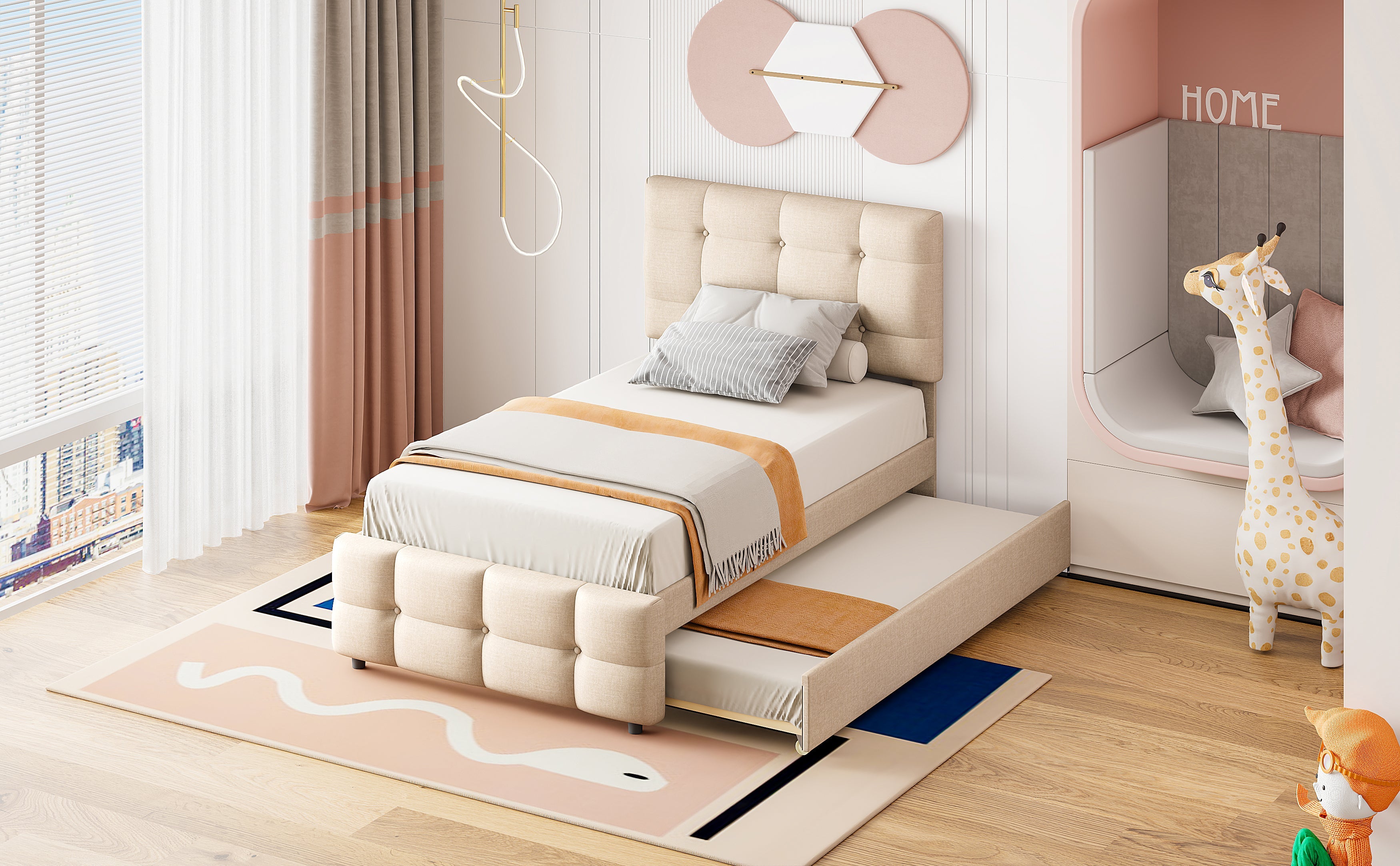 Logidon gestoffeerd bed 90x200 beige uitschuifbaar bed