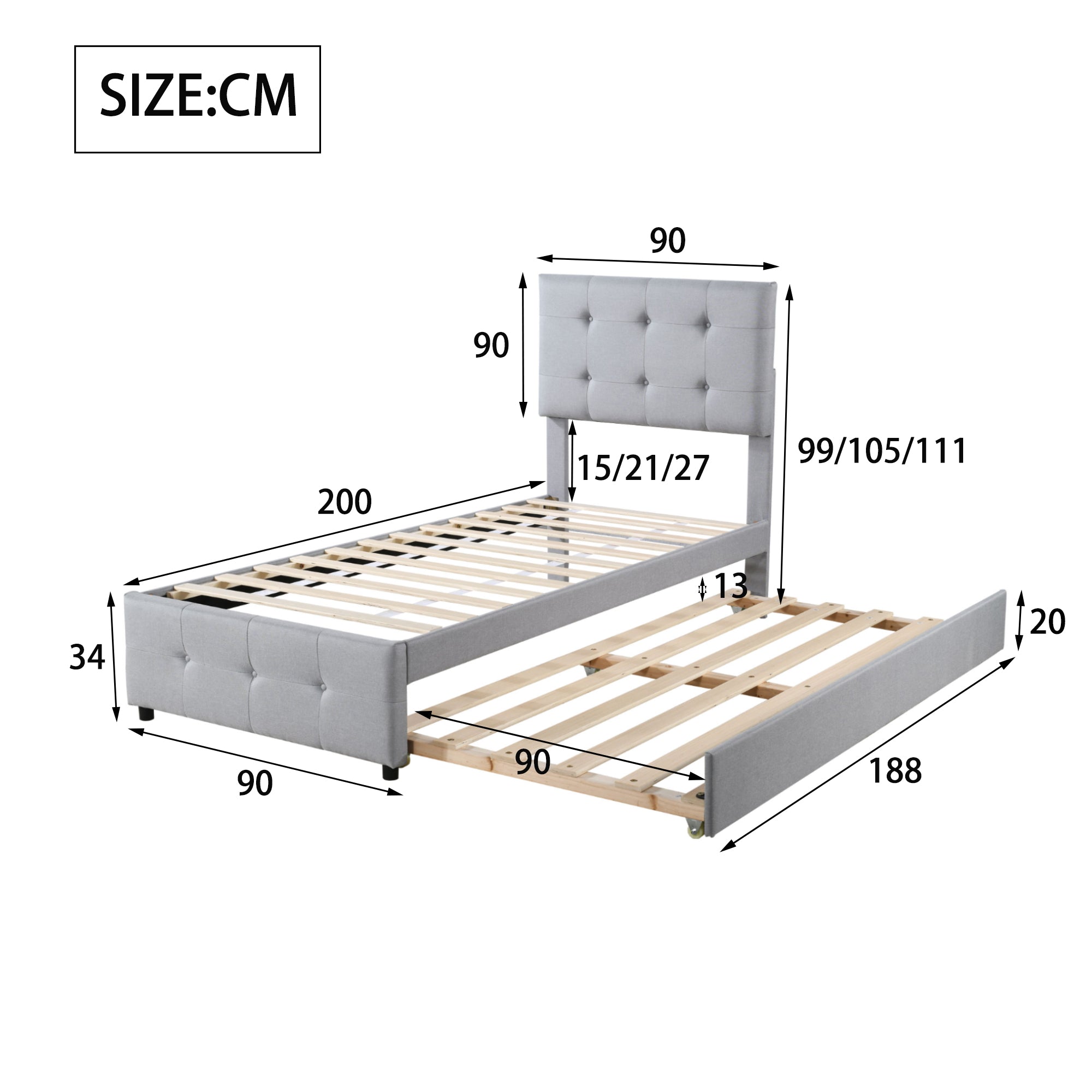 Logidon gestoffeerd bed 90x200 grijs uitschuifbaar bed, hoofdeinde verstelbaar