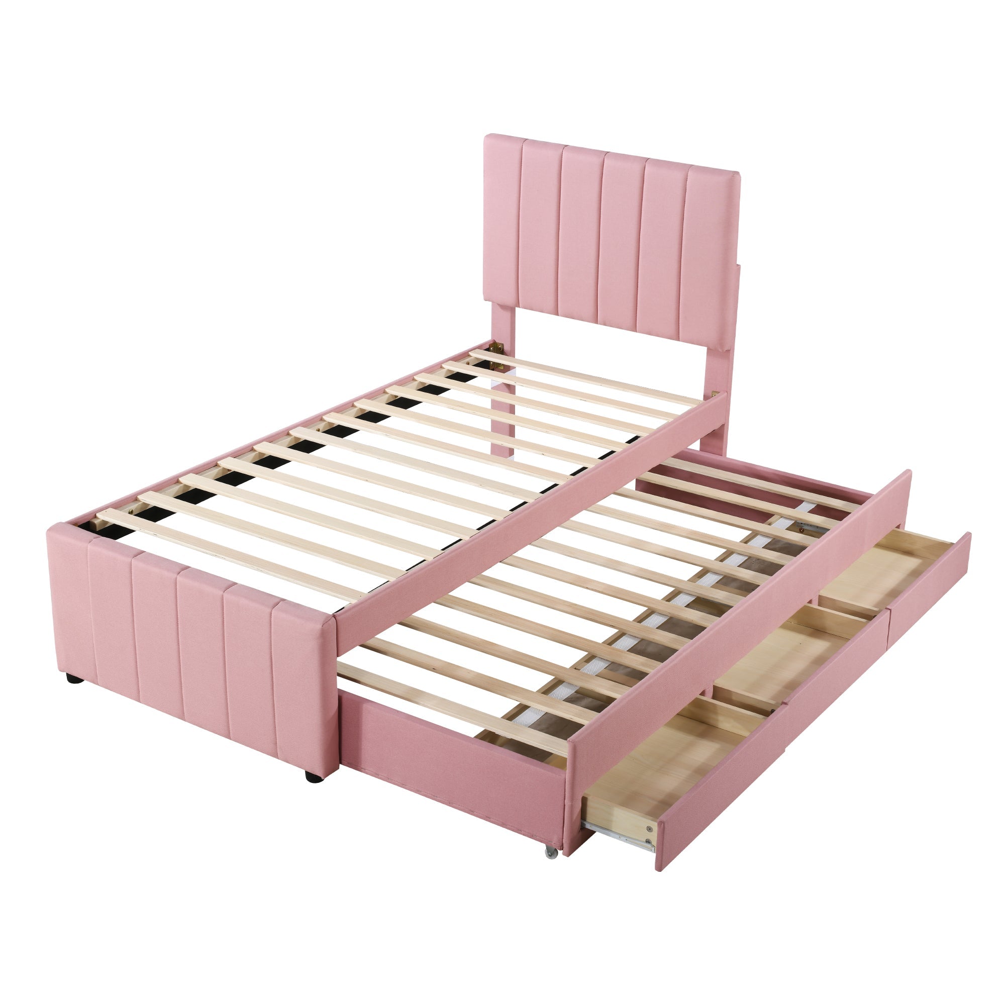 Logidon gestoffeerd bed 90x200 roze met onderschuifbed en opberglades
