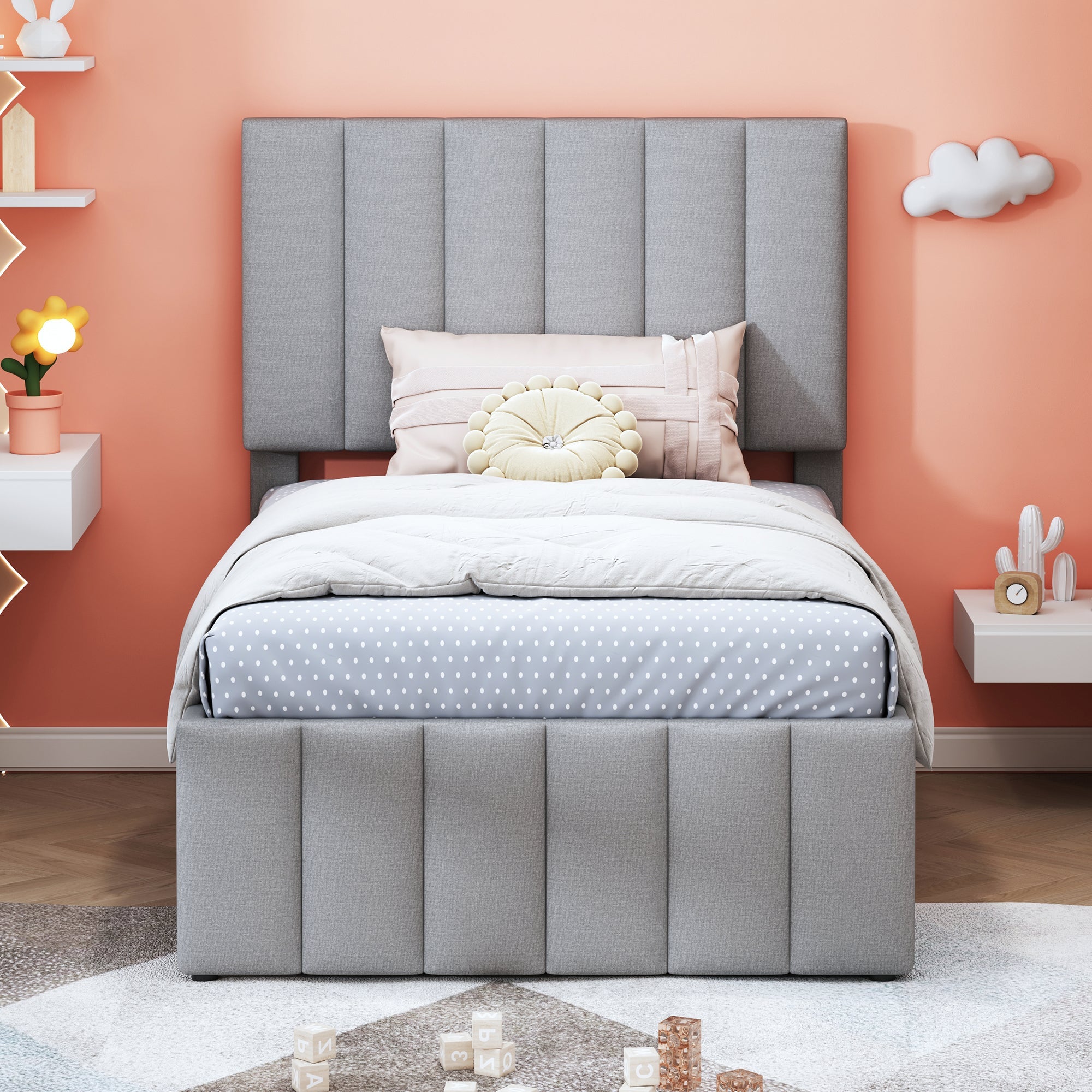 Logidon gestoffeerd bed 90x200 cm met onderschuifbed en opbergruimte grijs