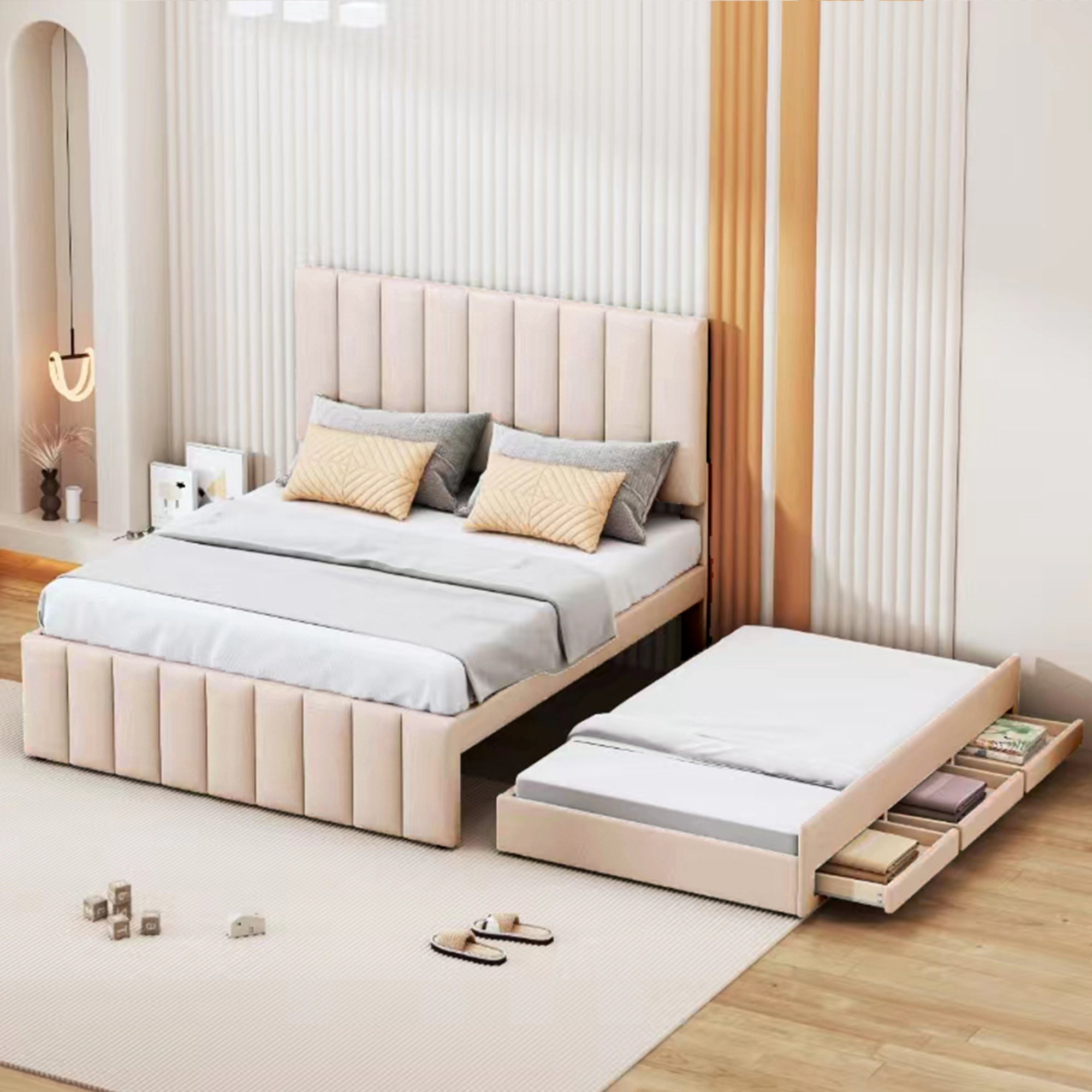 Logidon upholstered bed 140 x 200 cm beige with pull-out bed and drawers