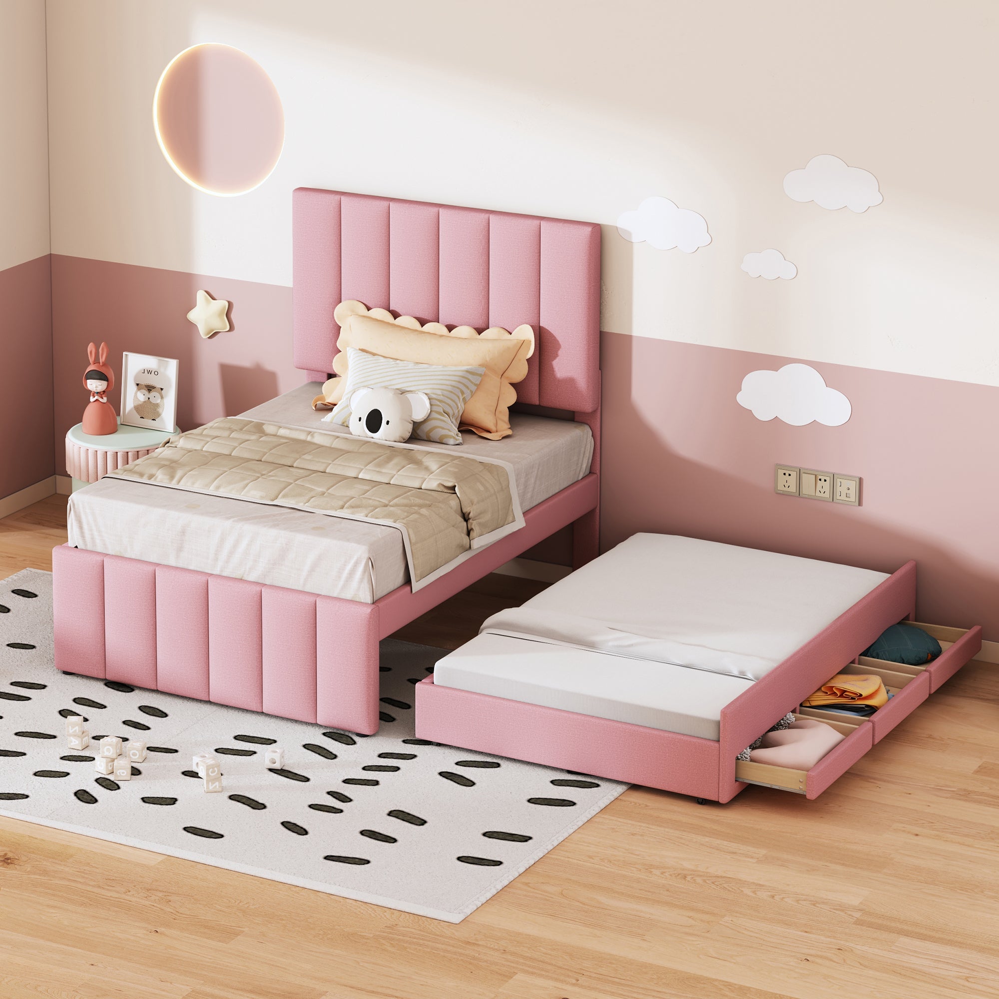 Logidon gestoffeerd bed 90x200 roze met onderschuifbed en opberglades