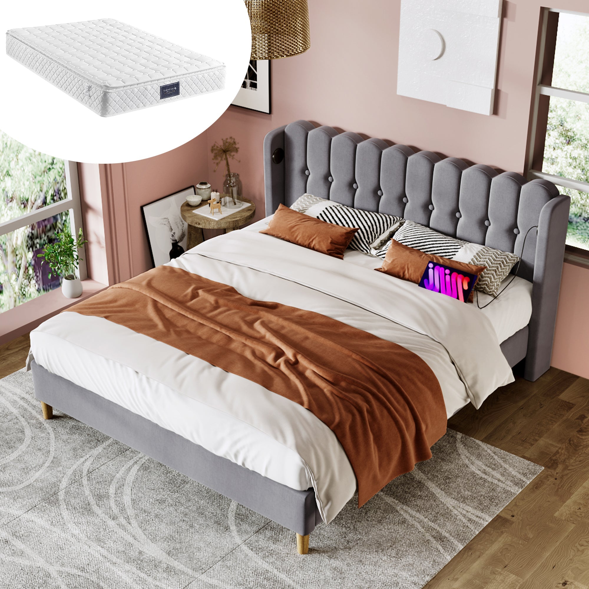 Logidon upholstered bed double bed gray 160x200 with USB Type C charging function