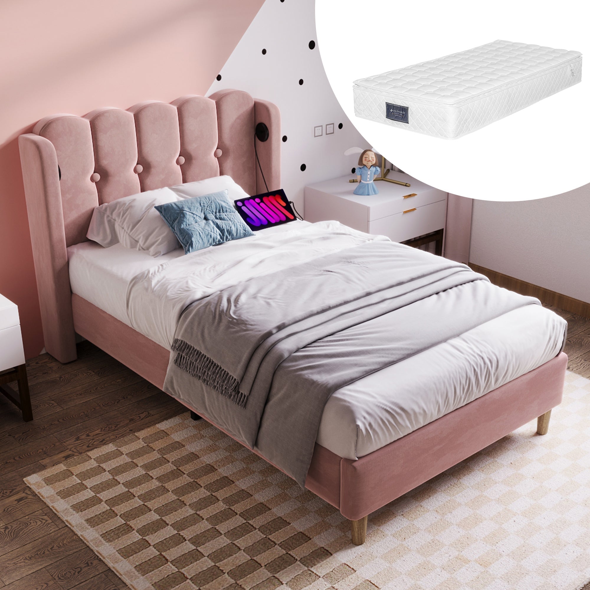 Logidon gestoffeerd bed roze 90x200 cm met USB Type C oplaadfunctie