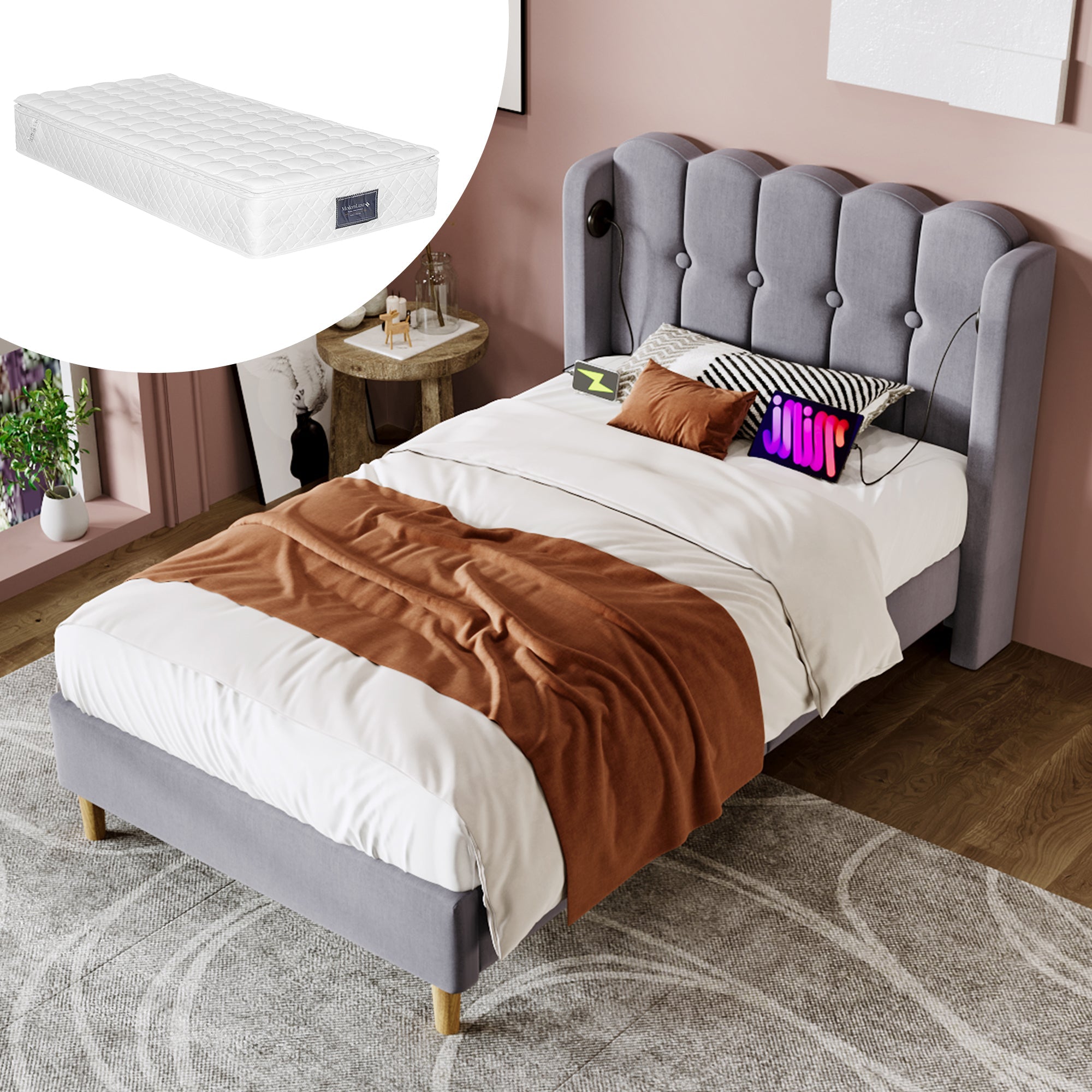 Logidon Gestoffeerd bed 90x200 CM Grijs USB Type C Oplaadfunctie Inclusief Matras