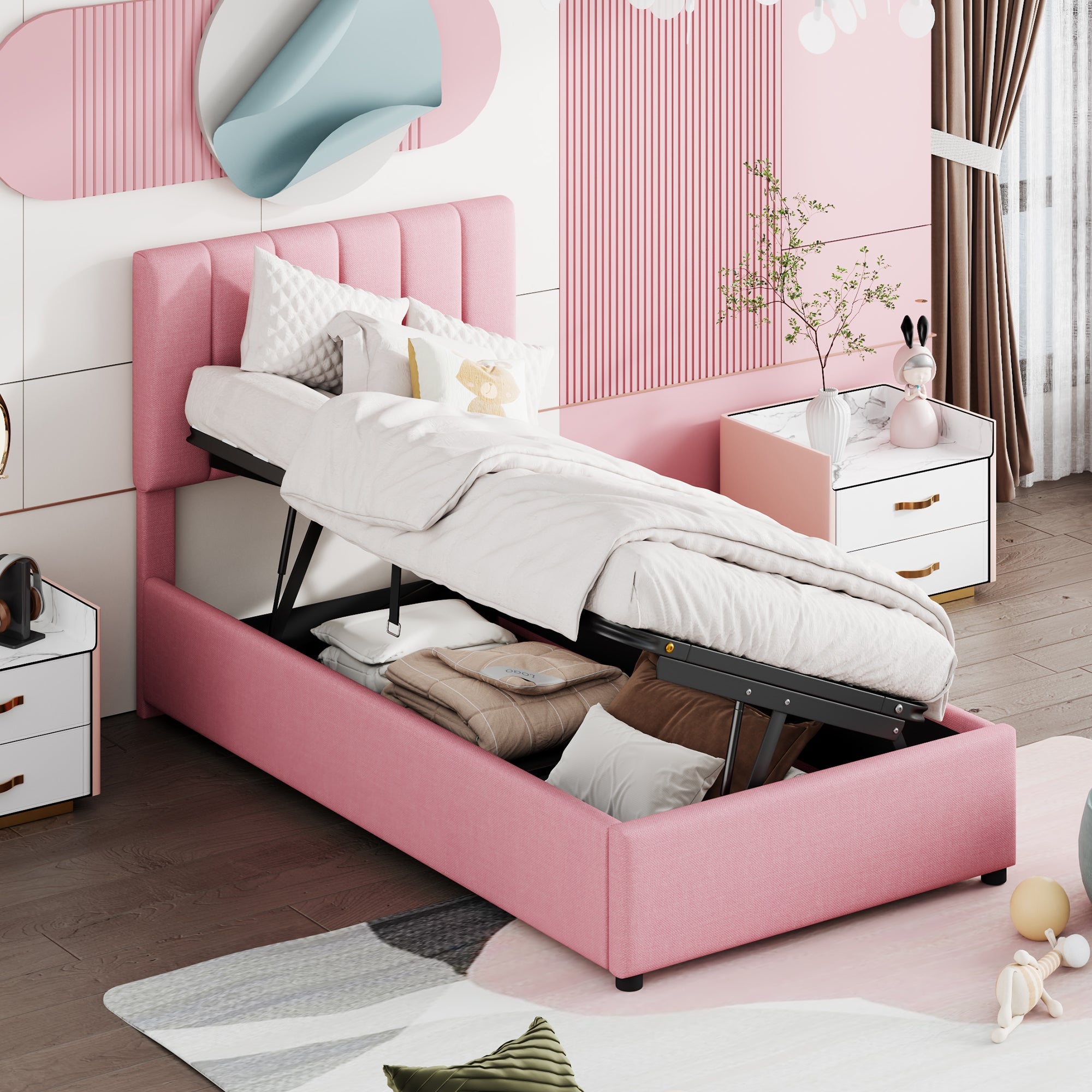 Logidon kinderbed gestoffeerd bed 90x200 roze met opbergruimte