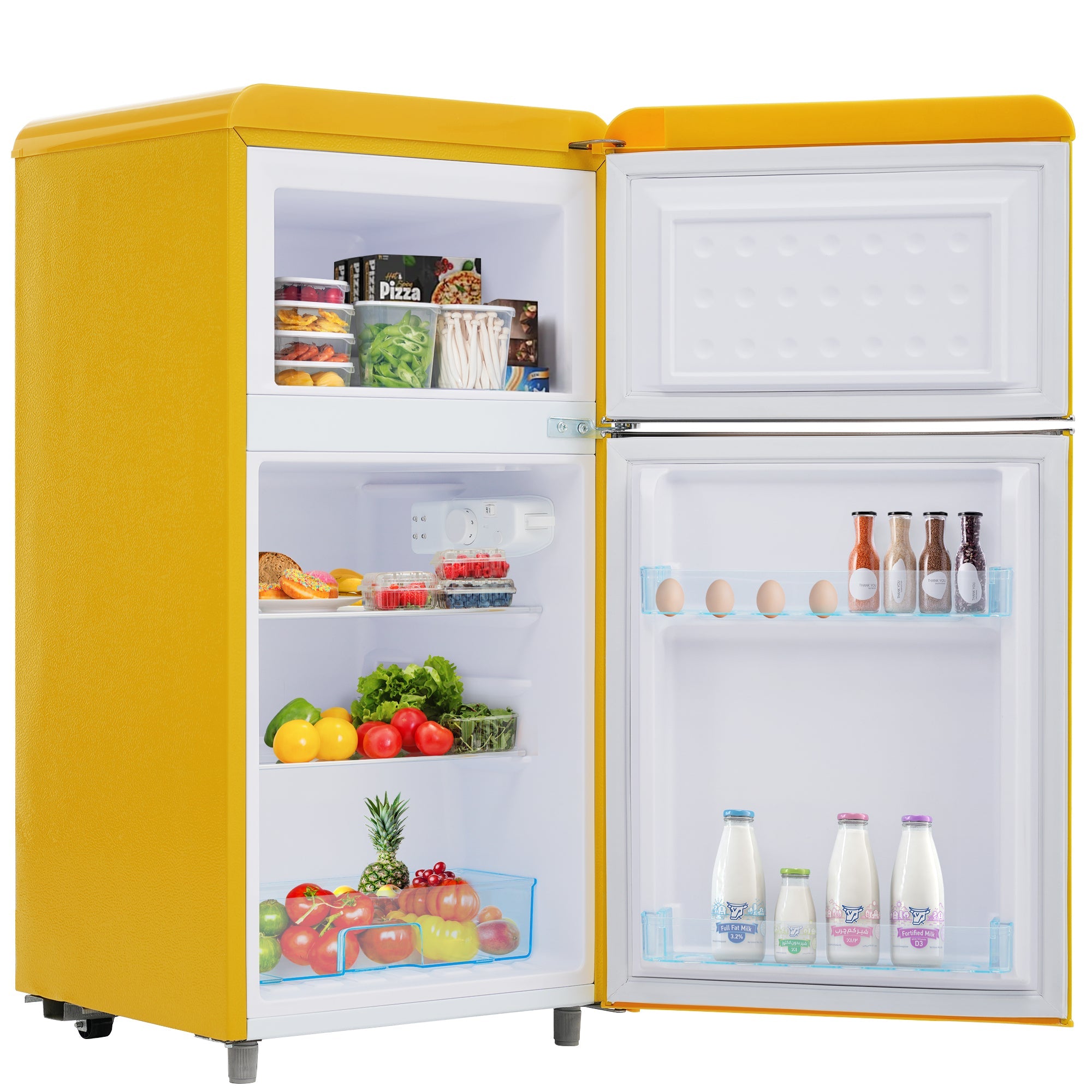 Logidon Retro Koelkast Geel 72 L dubbele deur, LED-licht, 120 kWh/jaar