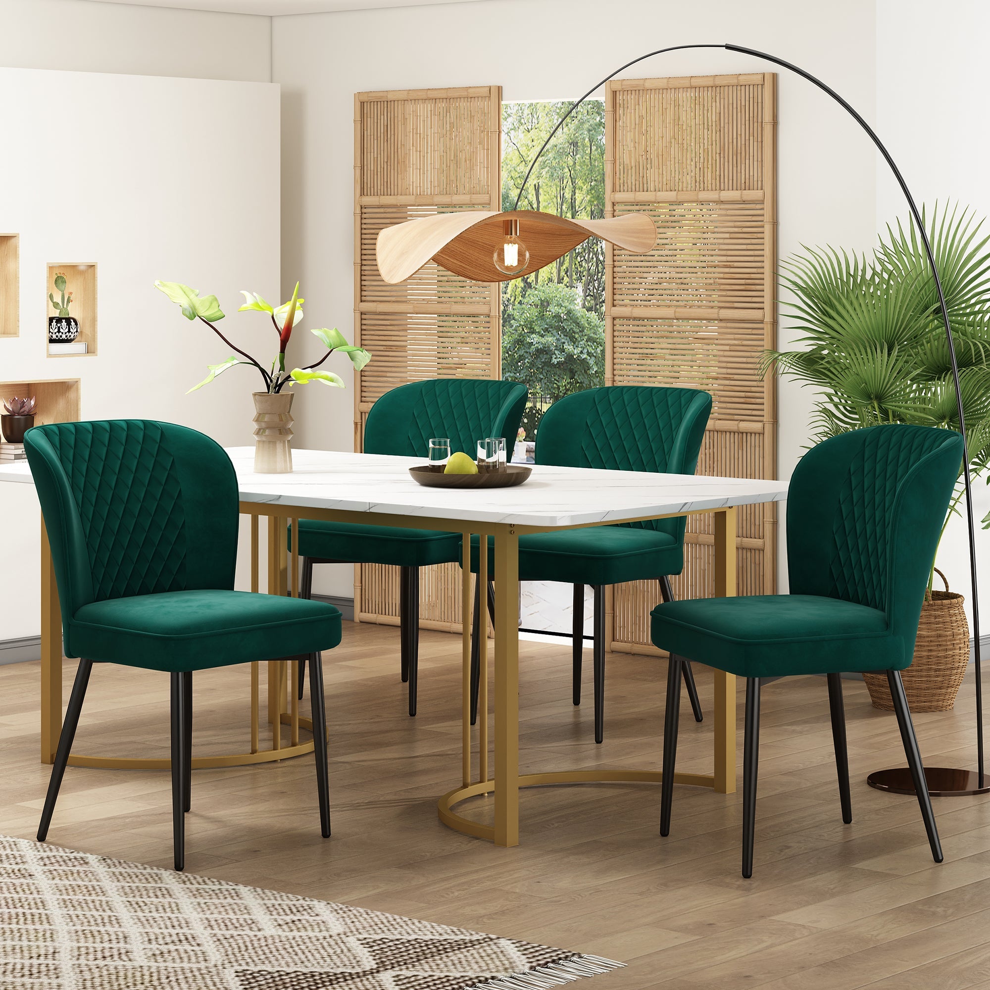 Logidon eetgroepset 5 stuks donkergroene fluwelen stoelen witte MDF tafel