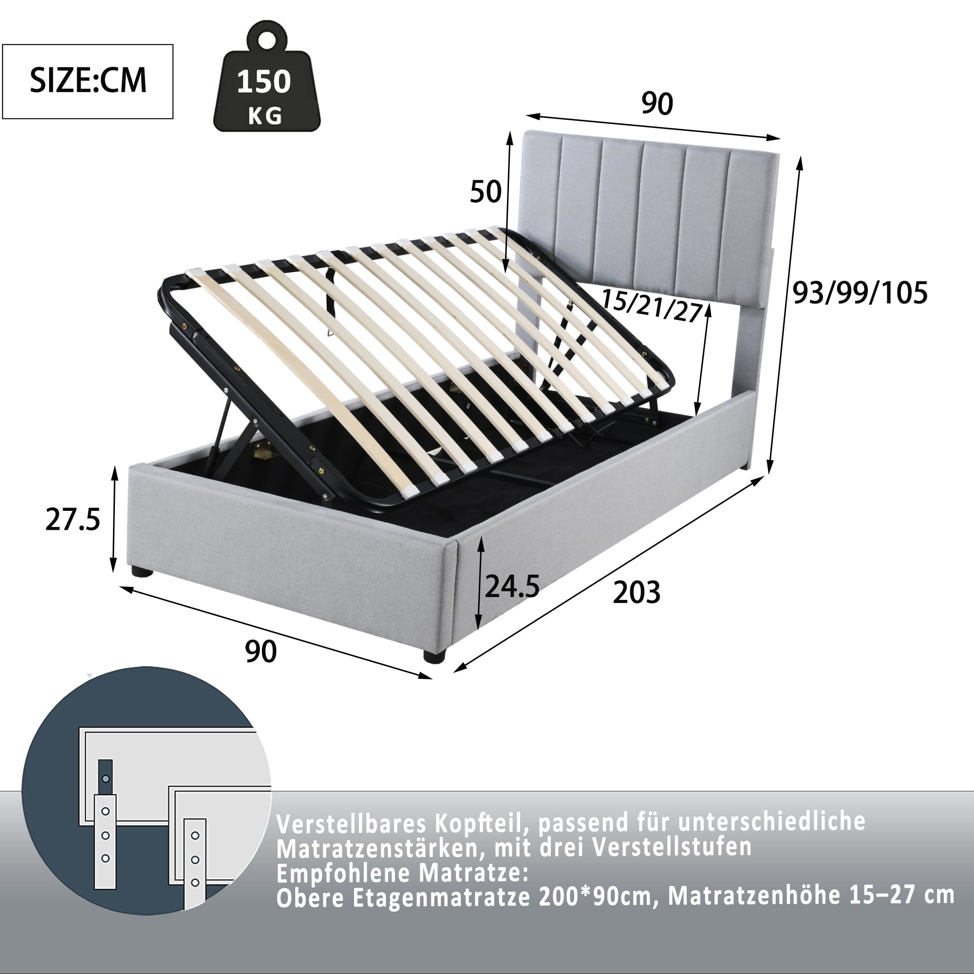Logidon kinderbed gestoffeerd bed 90x200 cm grijs hydraulische opbergruimte
