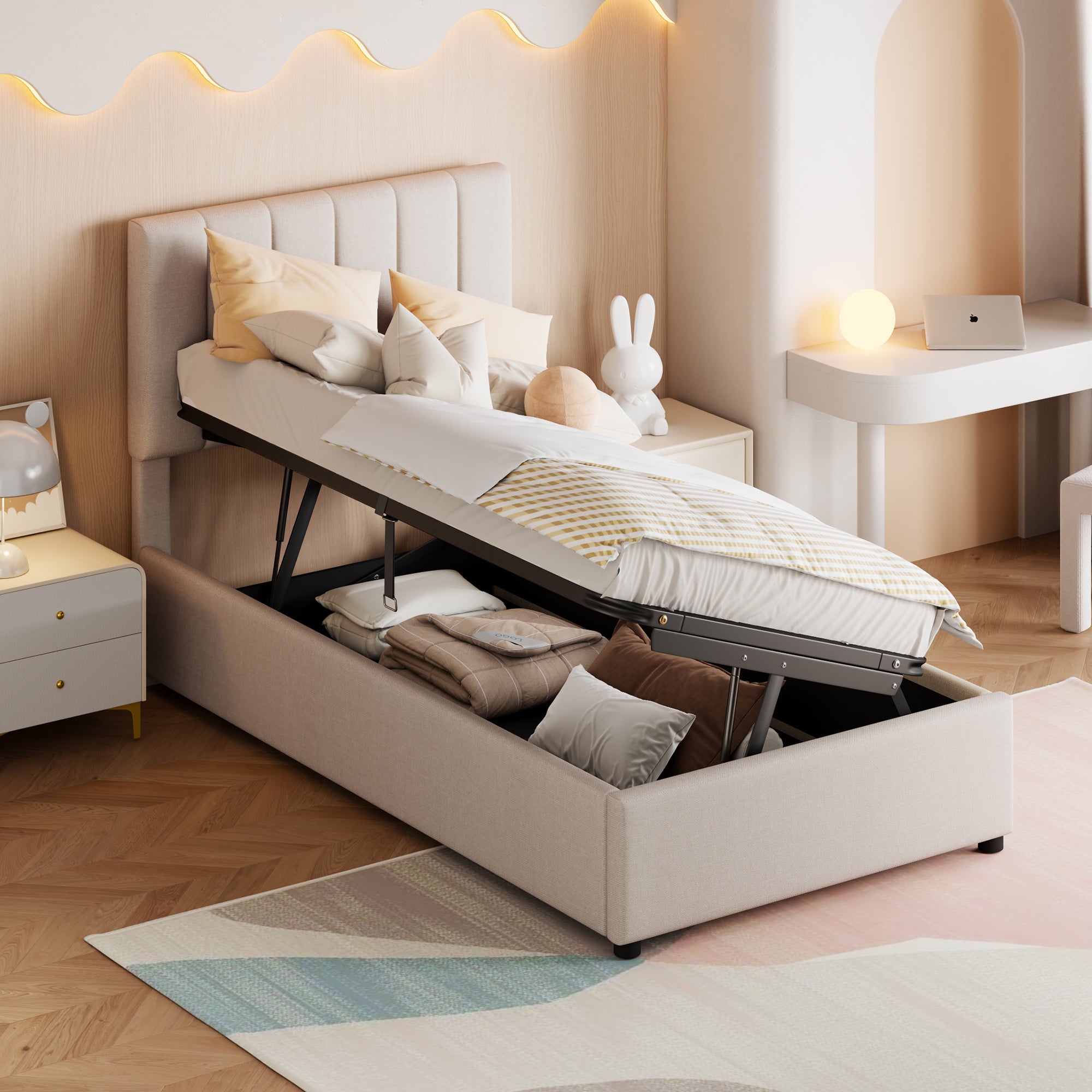 Logidon gestoffeerd bed 90x200 cm met hydraulische opbergruimte beige