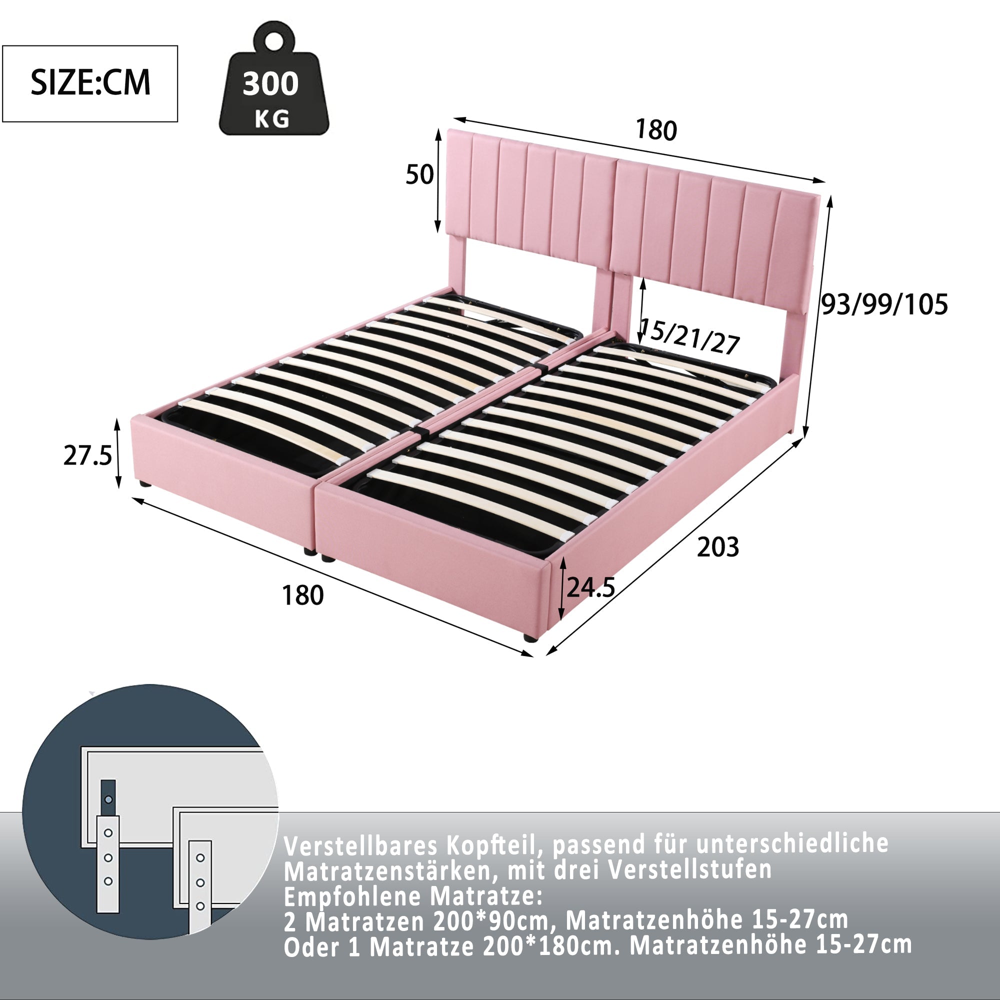 Logidon Gestoffeerd bed 180x200 cm met hydraulische opbergruimte Roze