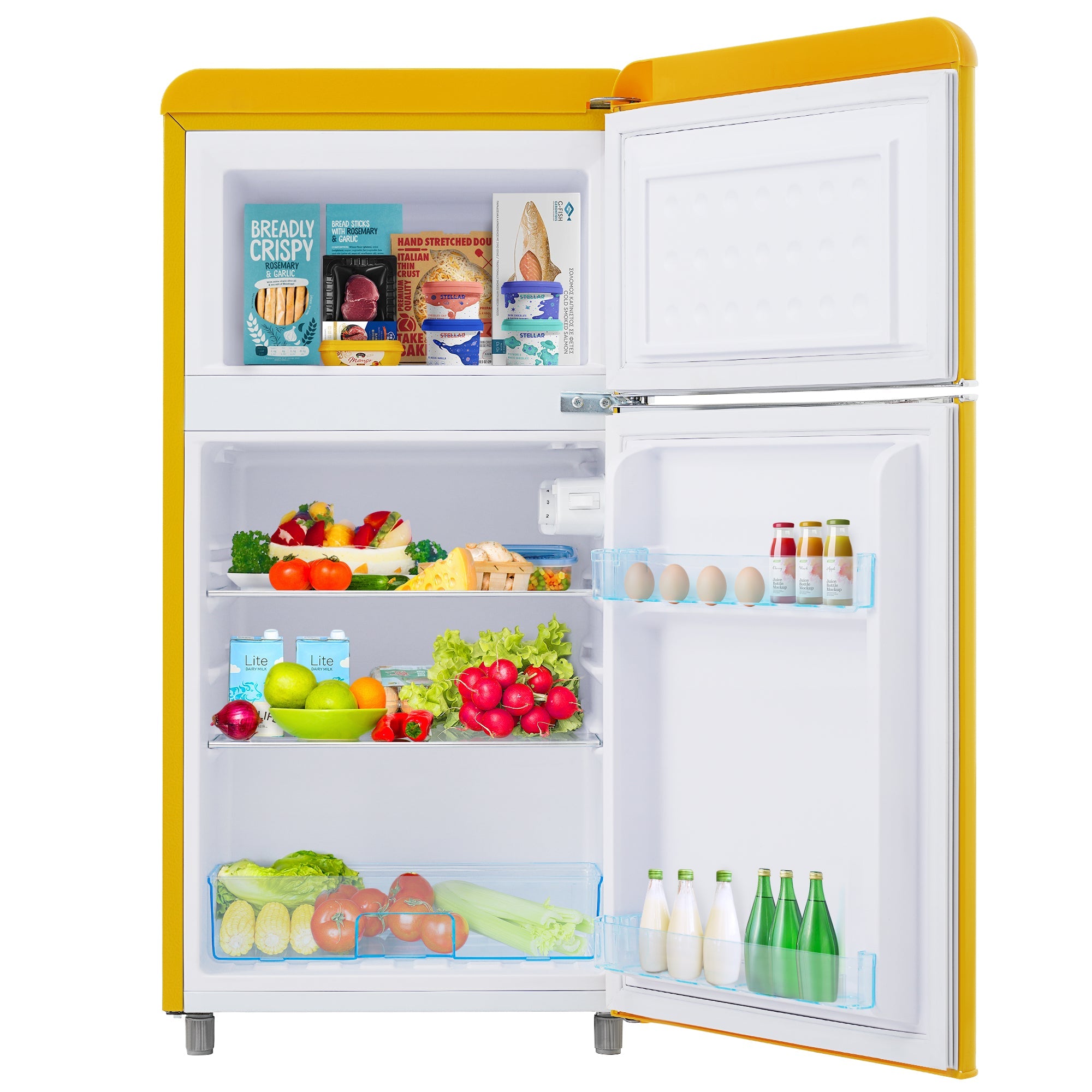 Logidon Retro Koelkast Geel 72 L dubbele deur, LED-licht, 120 kWh/jaar