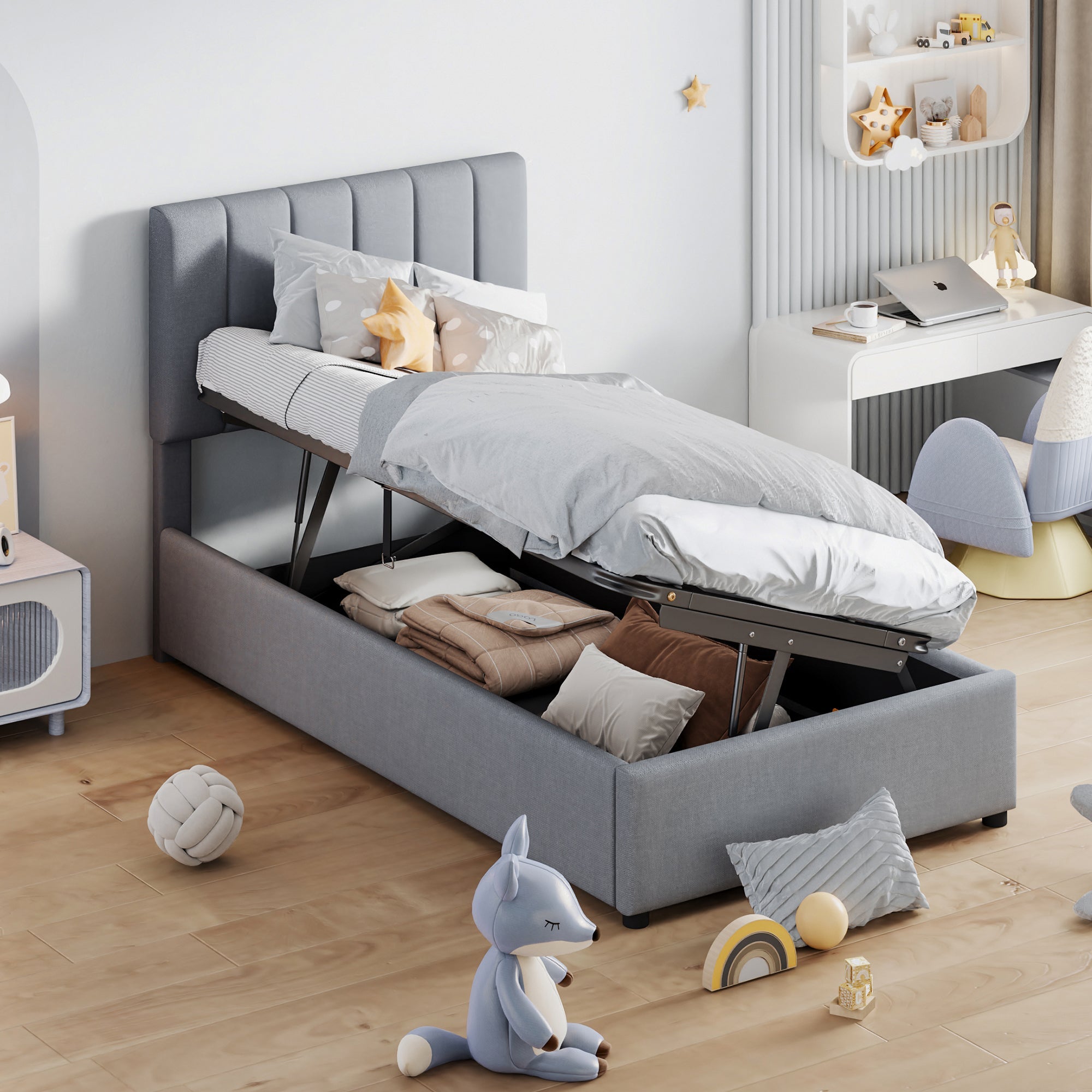 Logidon kinderbed gestoffeerd bed 90x200 cm grijs hydraulische opbergruimte