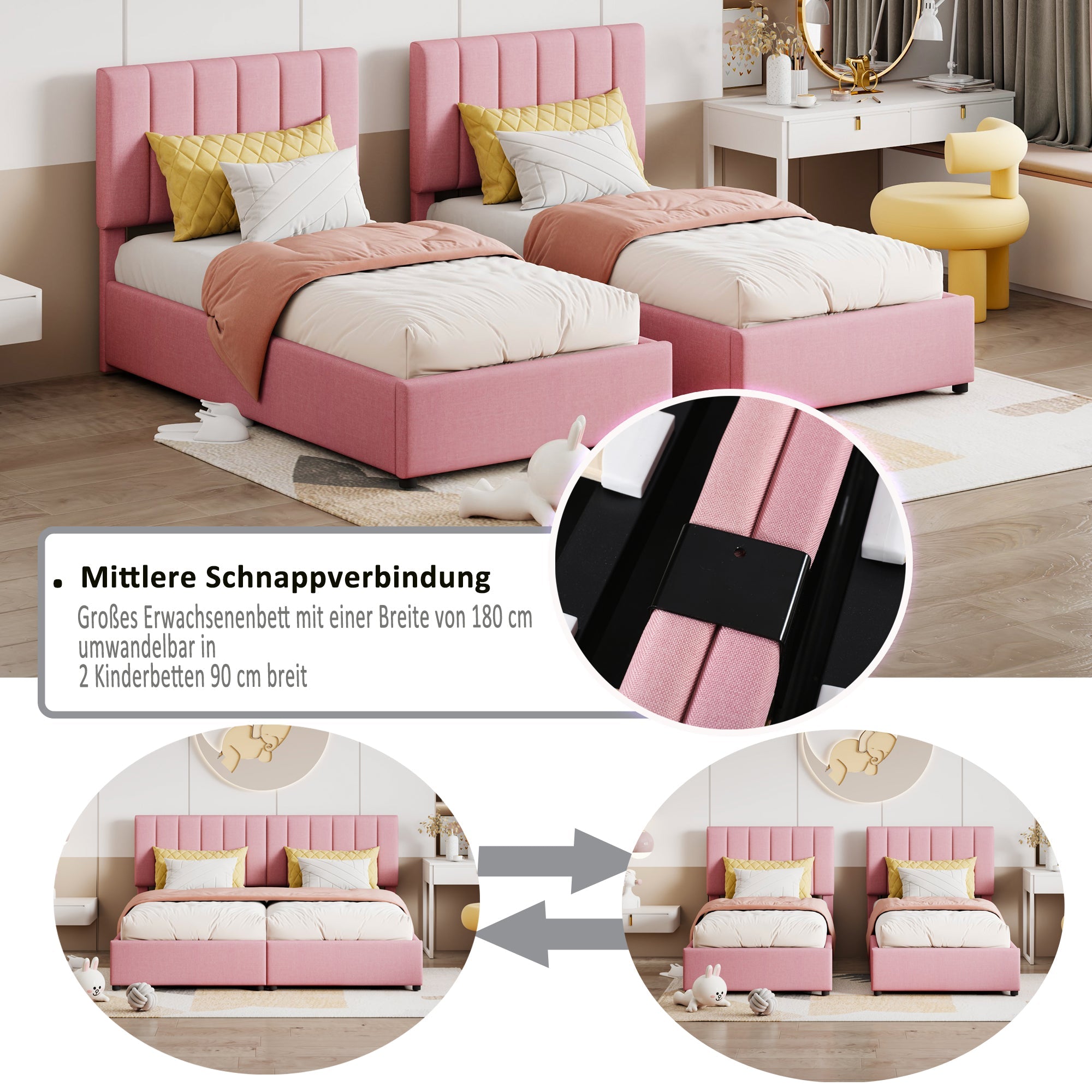 Logidon Upholstered Bed 180x200 cm With Hydraulic Storage Space Pink