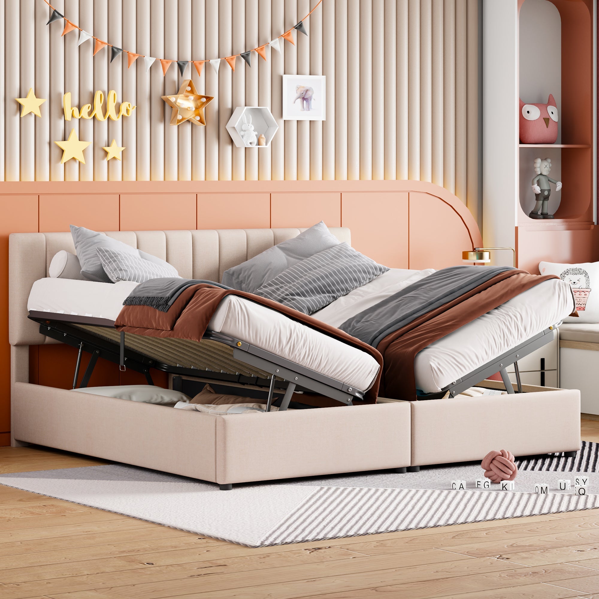 Logidon gestoffeerd bed 180x200 beige met hydraulische opbergruimte