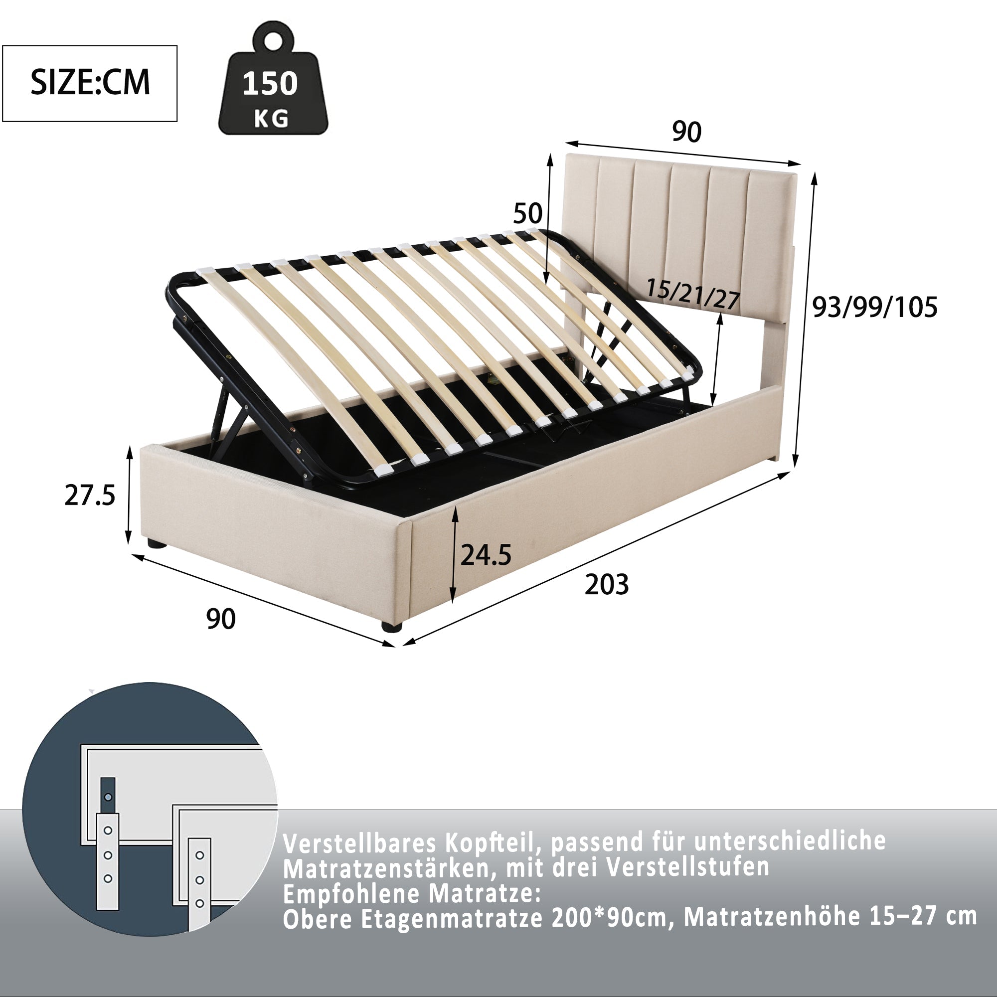 Logidon gestoffeerd bed 90x200 cm met hydraulische opbergruimte beige