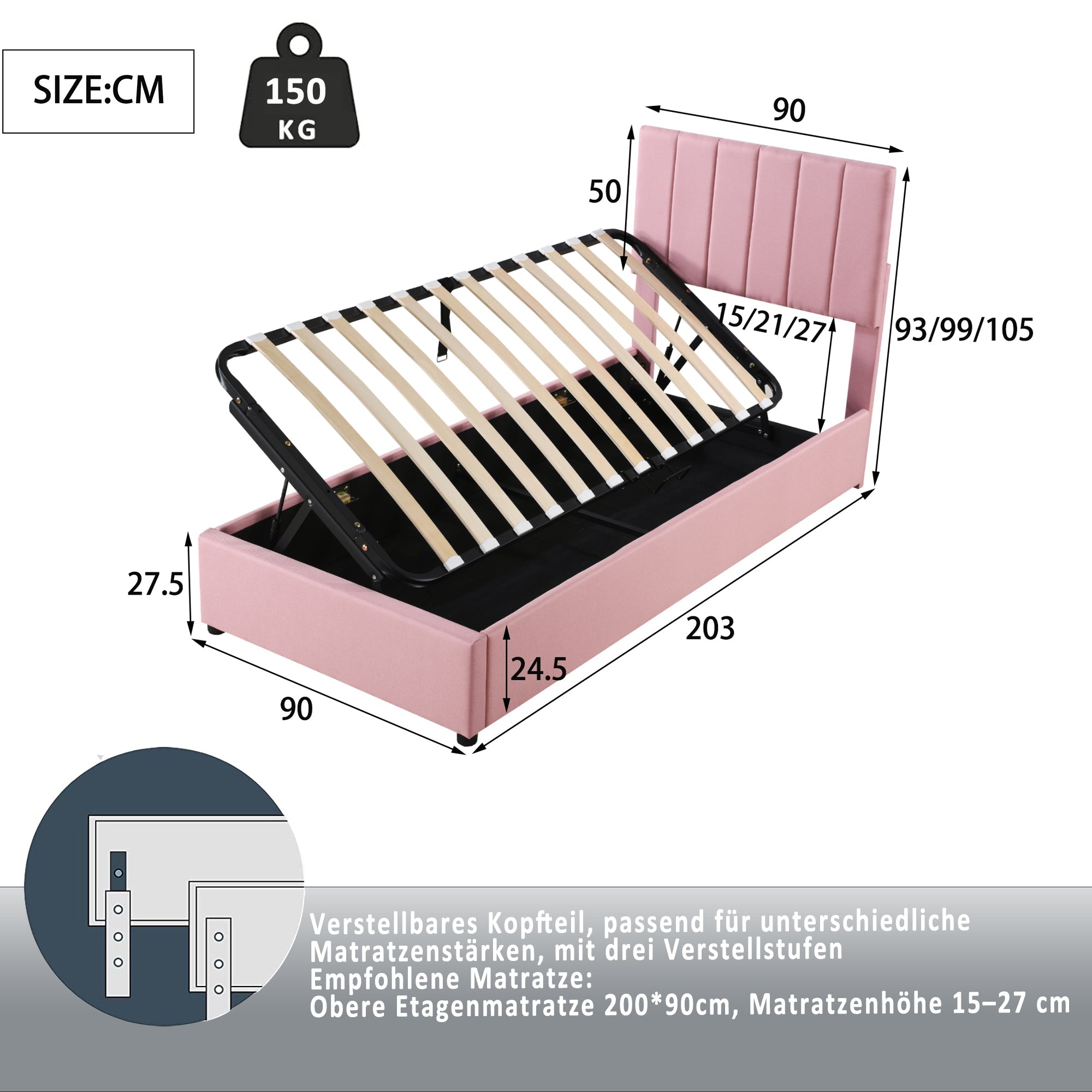Logidon kinderbed gestoffeerd bed 90x200 roze met opbergruimte