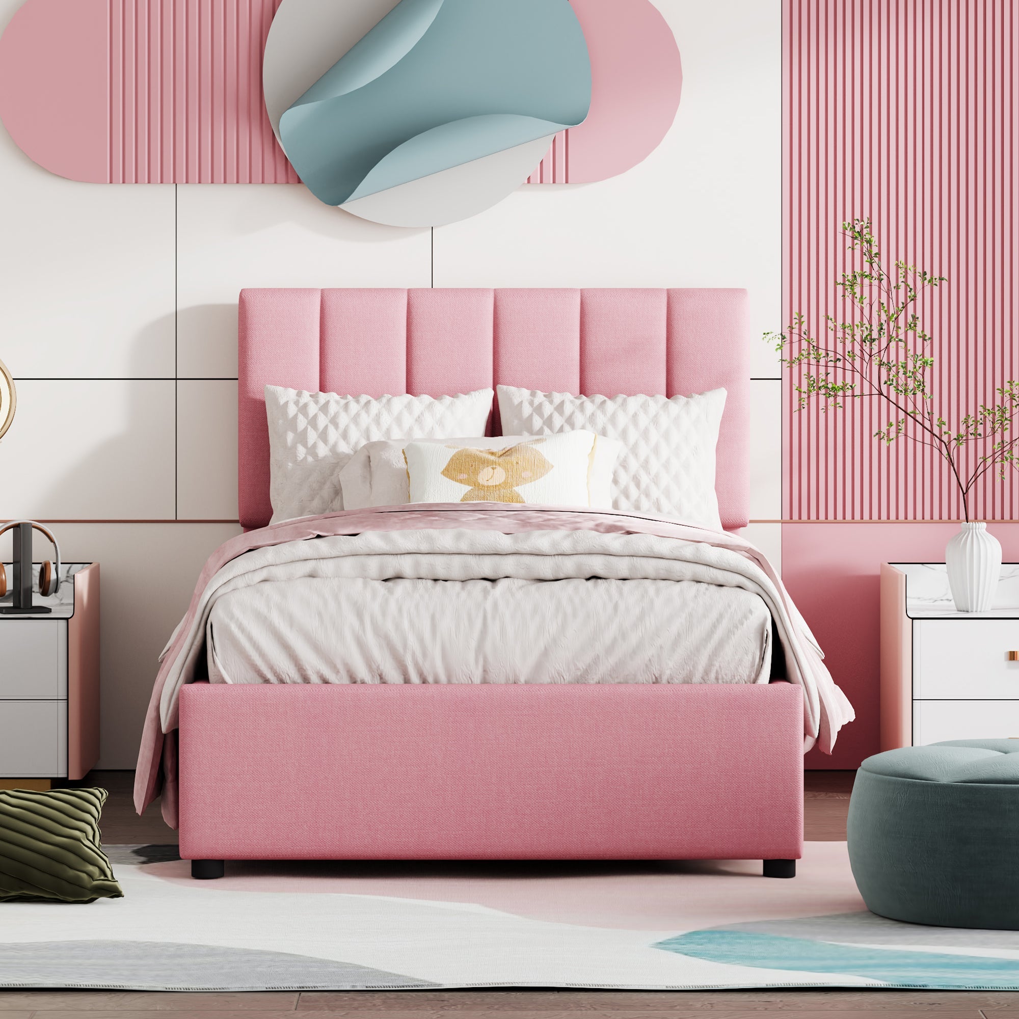 Logidon kinderbed gestoffeerd bed 90x200 roze met opbergruimte
