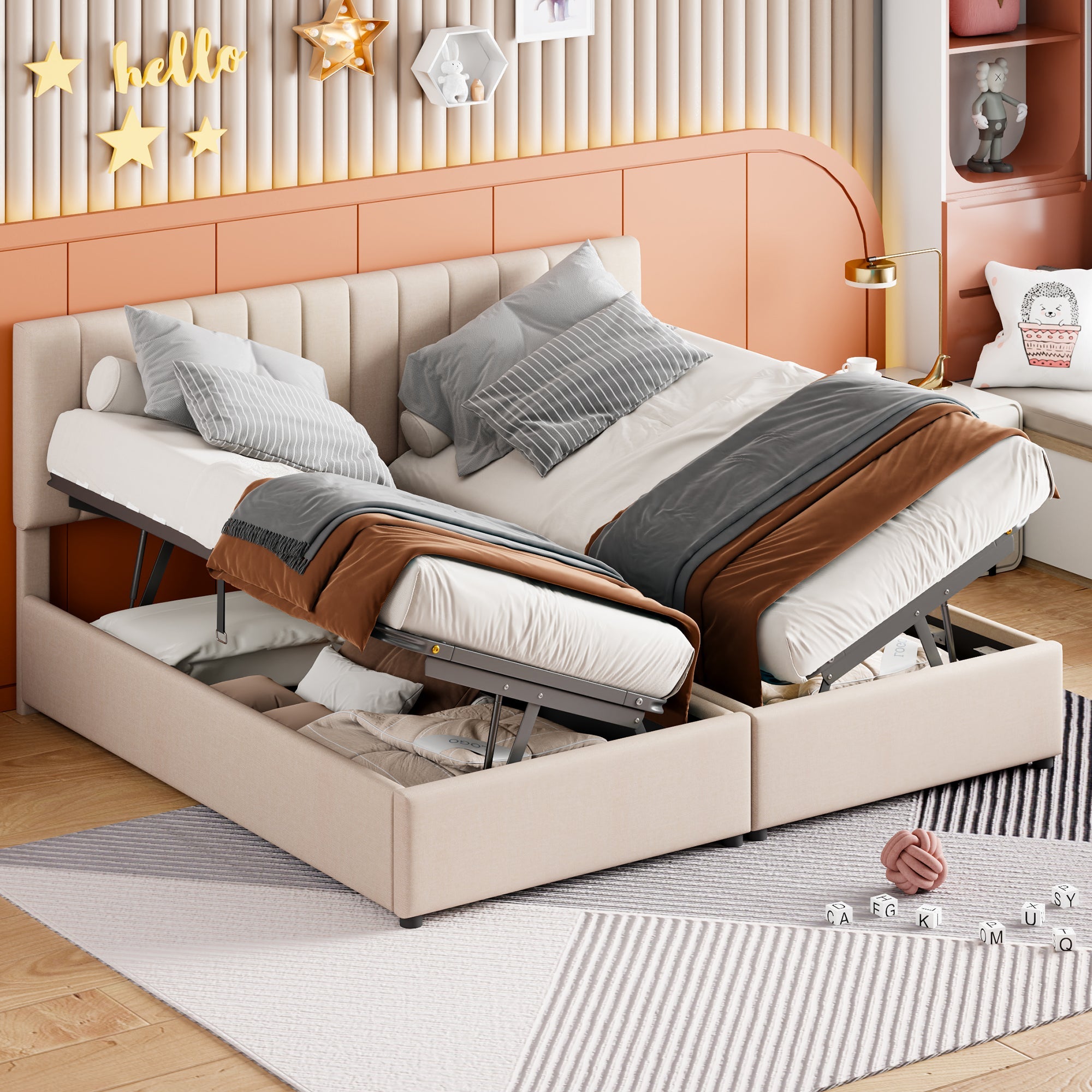 Logidon gestoffeerd bed 180x200 beige met hydraulische opbergruimte