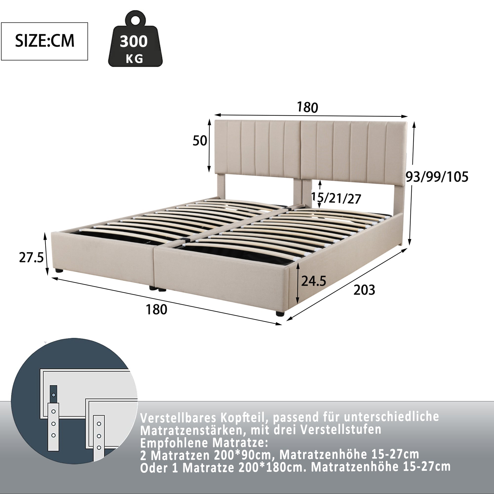 Logidon gestoffeerd bed 180x200 beige met hydraulische opbergruimte