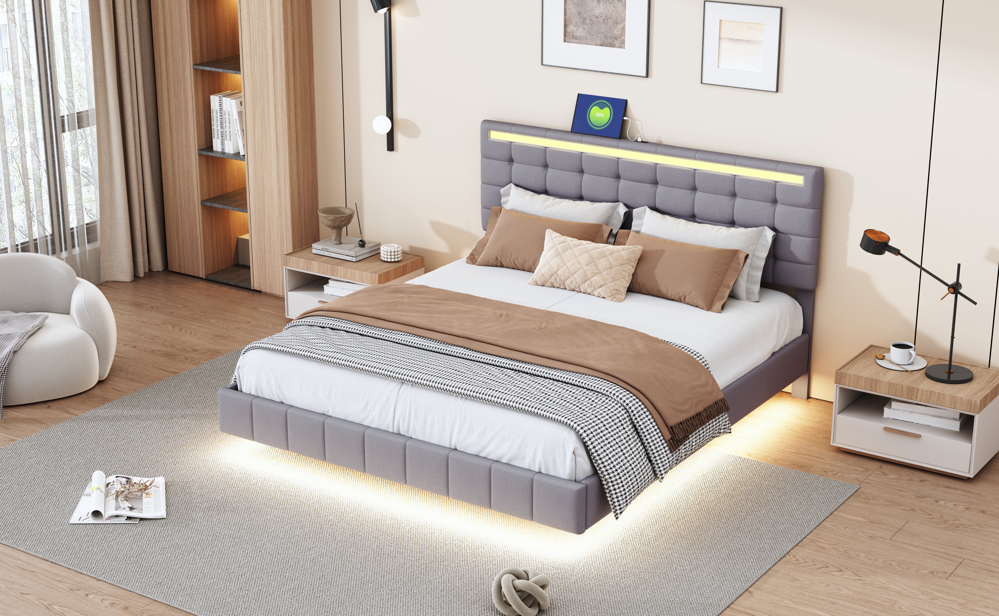 Logidon upholstered bed 160 x 200 cm padded floating bed frame gray