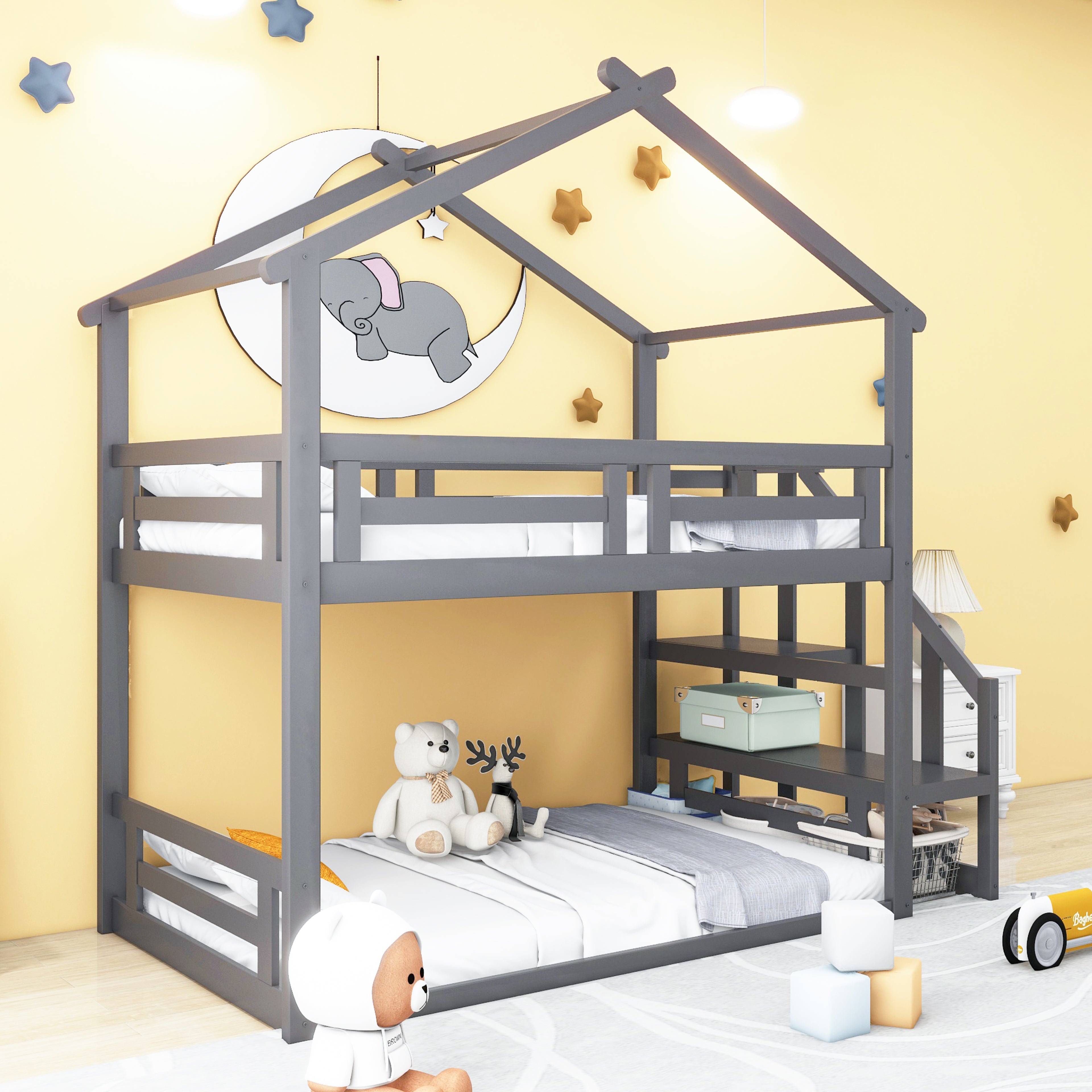 Logidon Children's Bed 90x200 Gray Low Bunk Bed With Safety Stairs