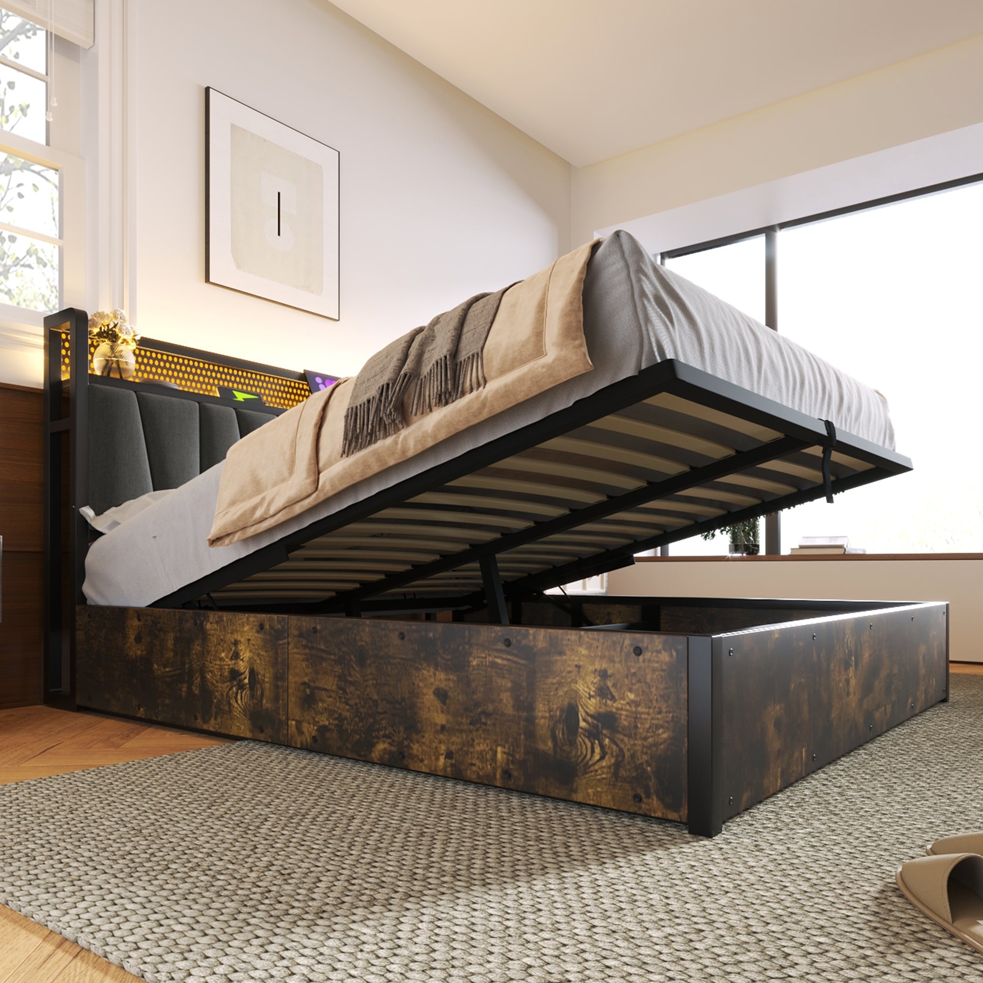 Logidon gestoffeerd bed metalen bed LED app bediening 140x200 cm grijs