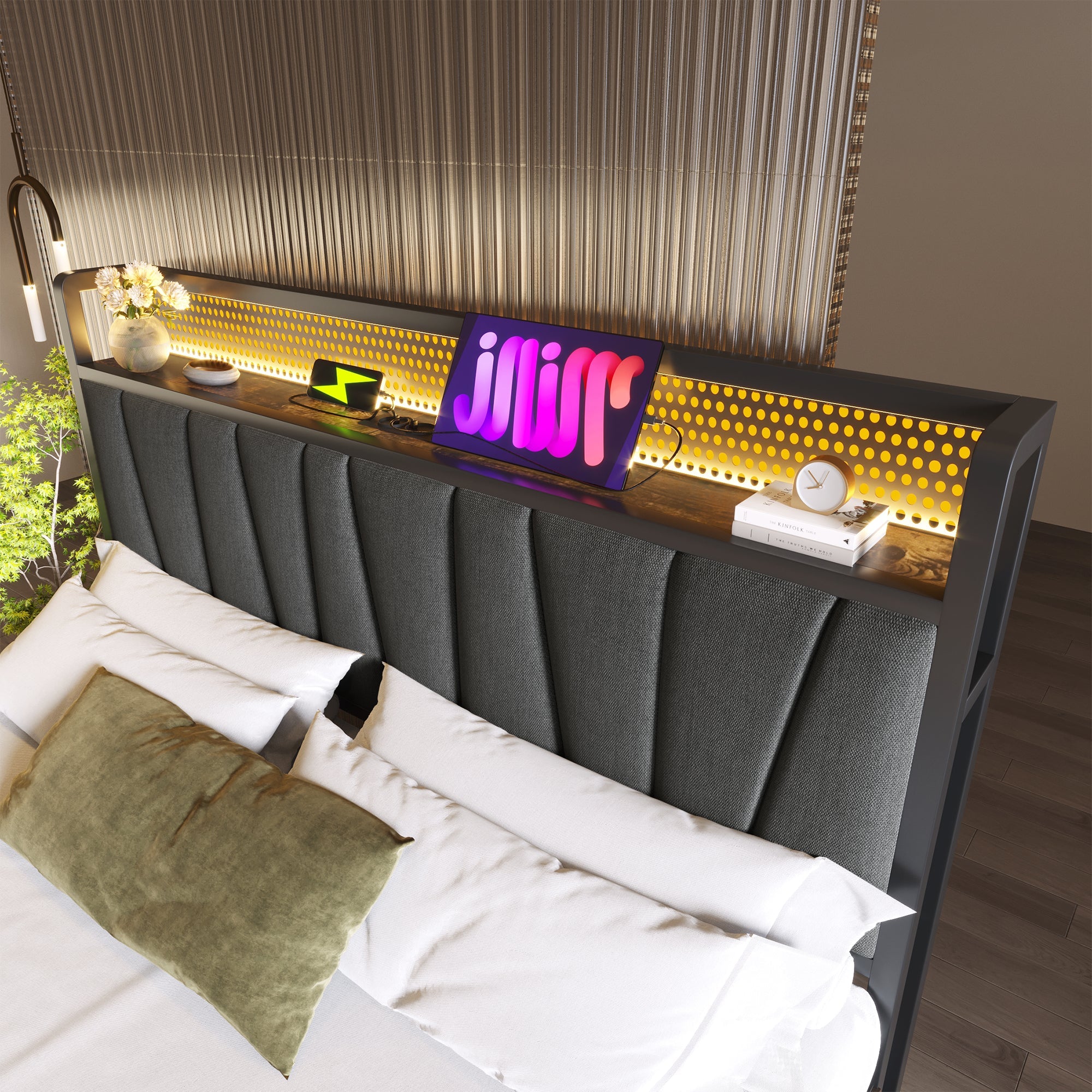 Logidon gestoffeerd bed metalen bed LED AppControl 140x200 tweepersoonsbed grijs
