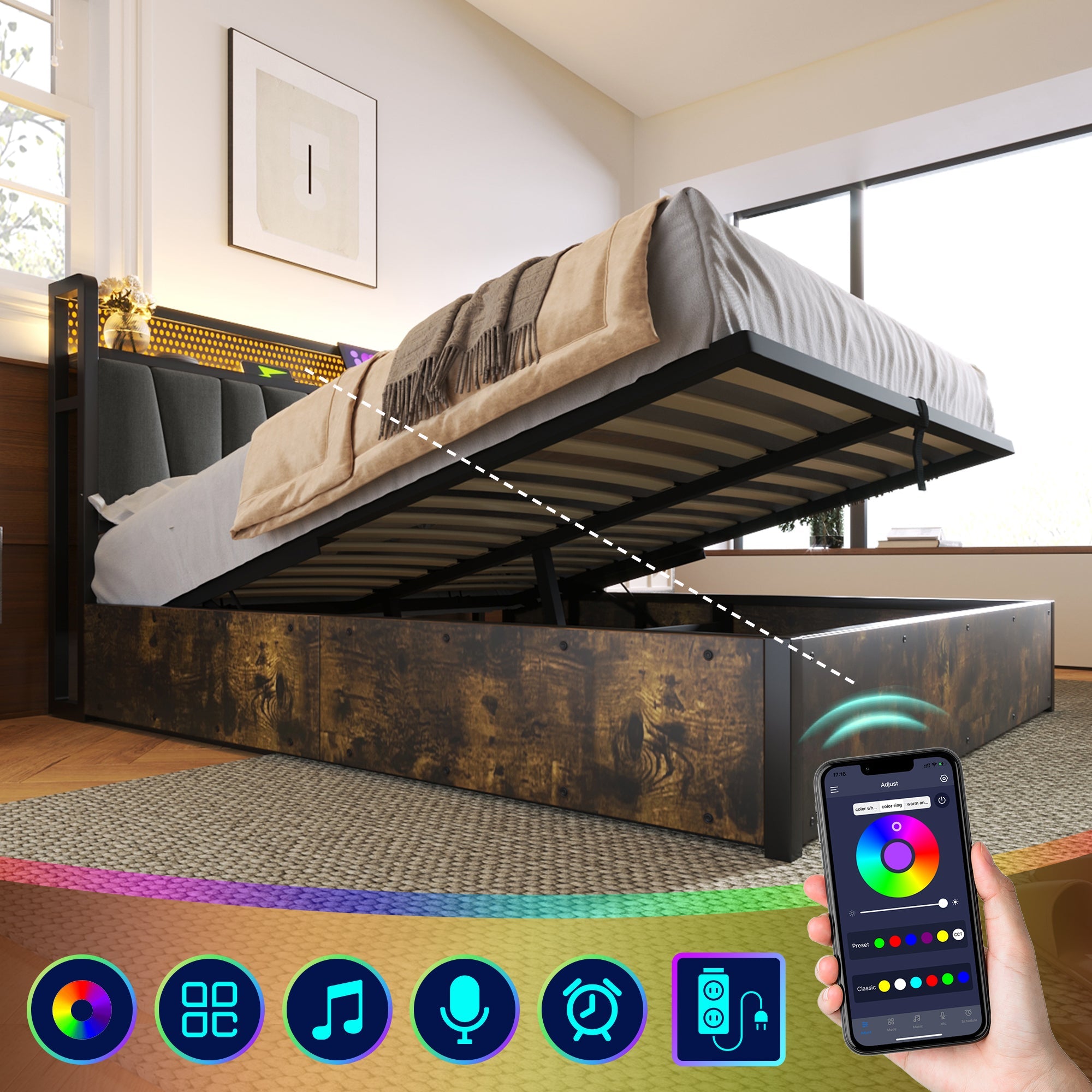 Logidon gestoffeerd bed metalen bed LED App-Control 160x200 grijs