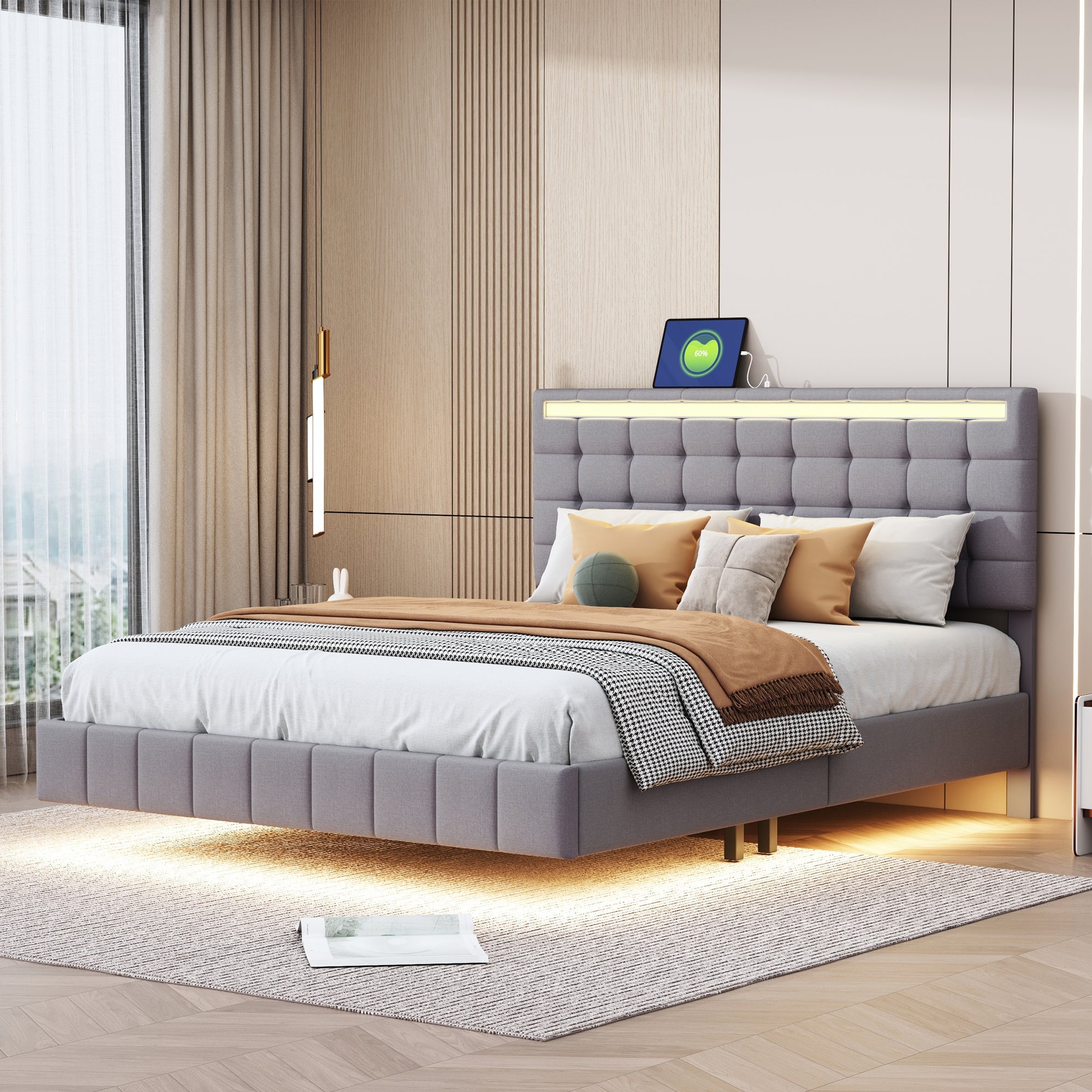 Logidon upholstered bed 140x200 cm gray with LED light strip headboard