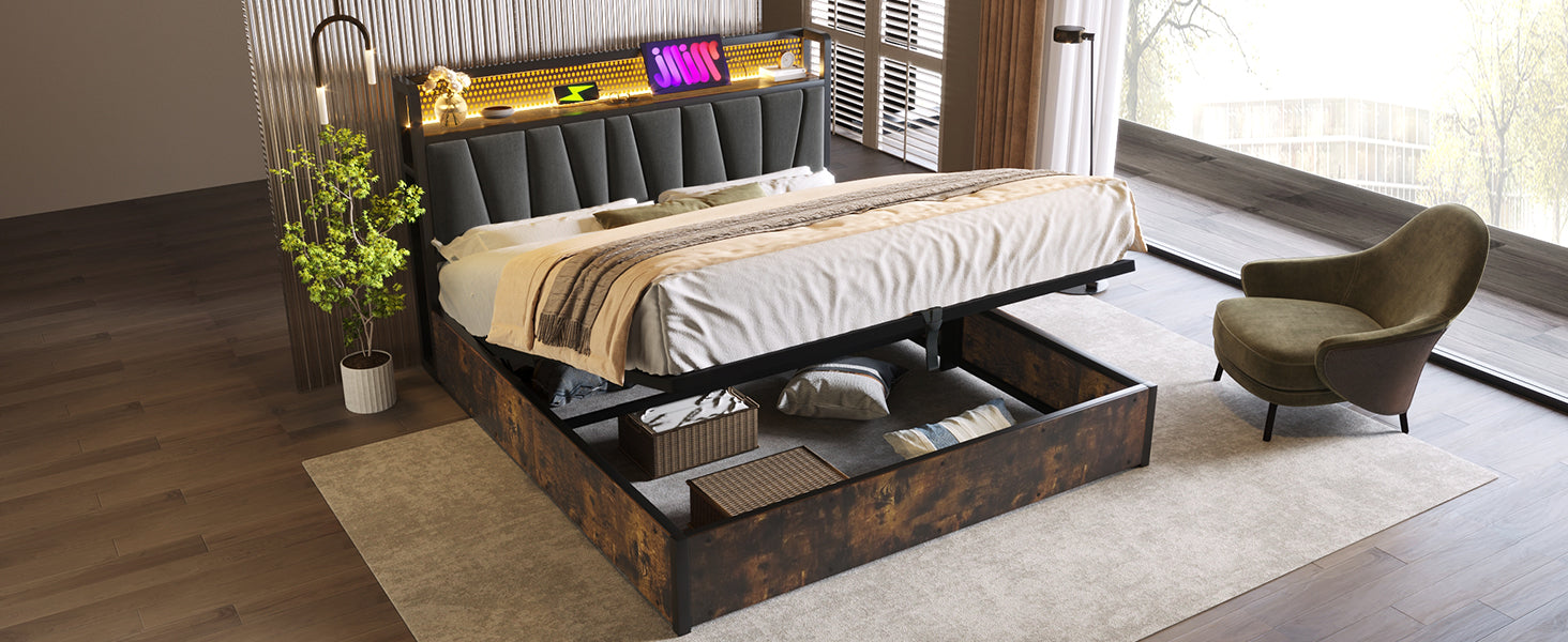 Logidon gestoffeerd bed metalen bed LED USB oplaadfunctie grijs 160x200