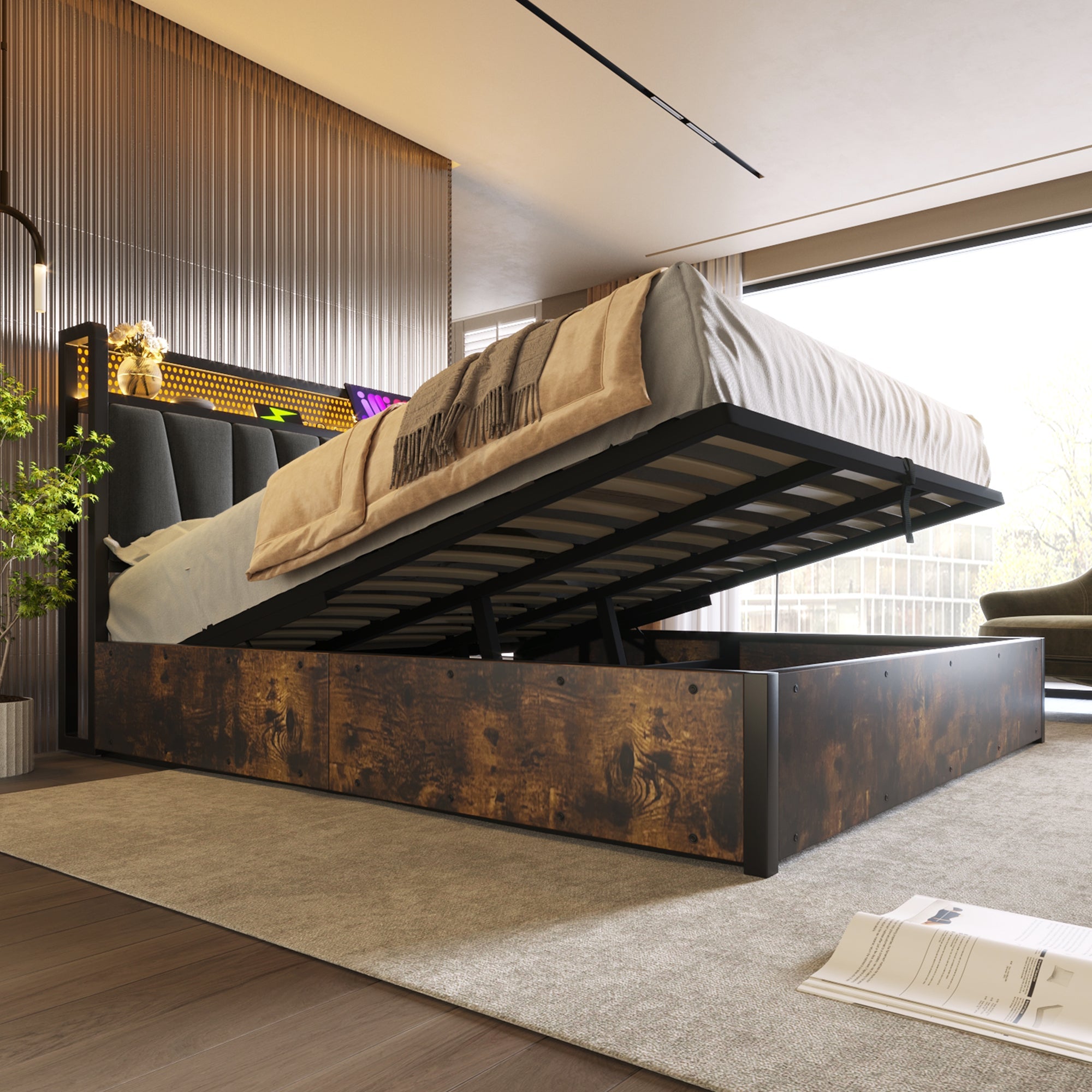 Logidon gestoffeerd bed metalen bed LED App Control tweepersoonsbed 180x200 grijs