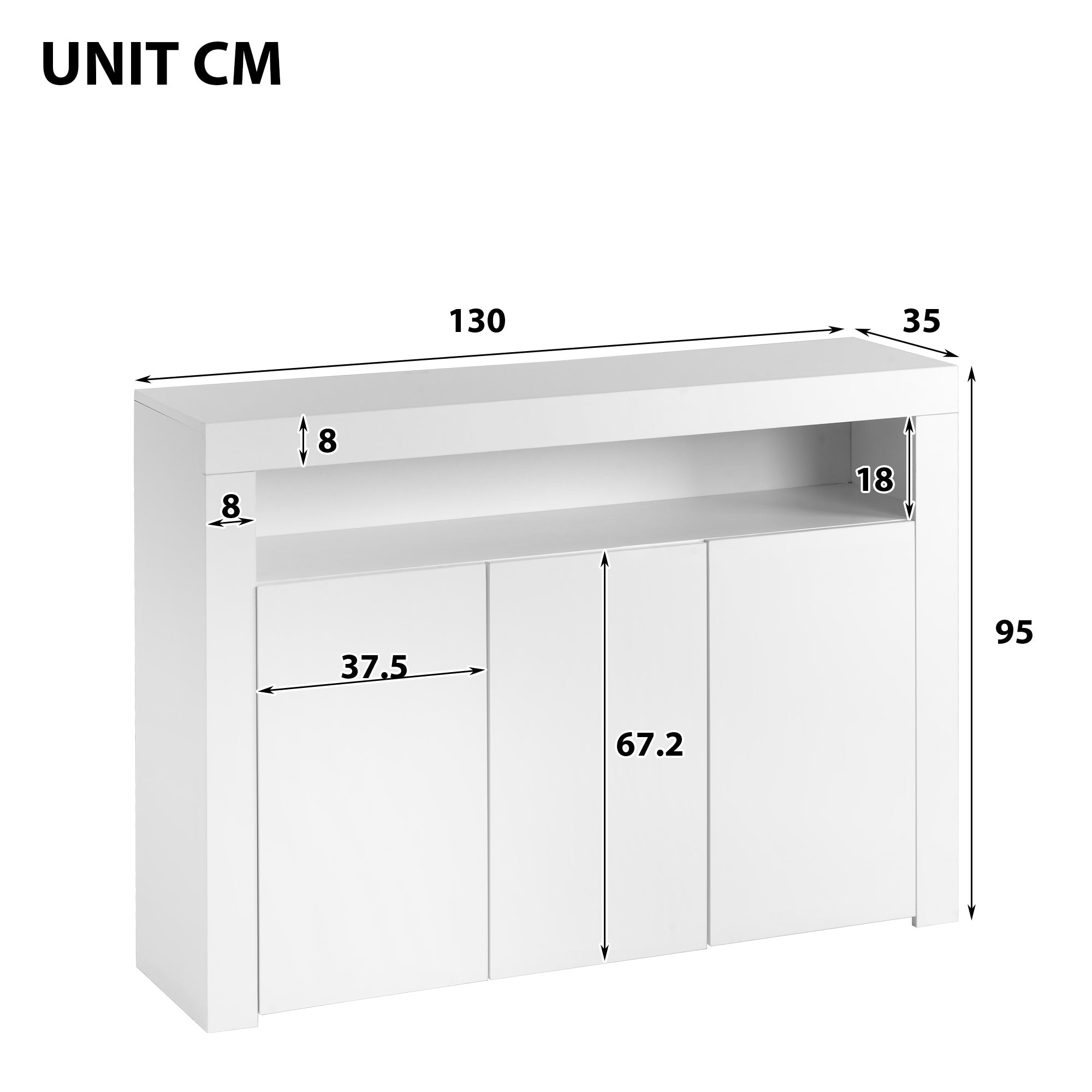Logidon Witte hoogglans dressoir vitrinekast LED verlichting 130x35x95