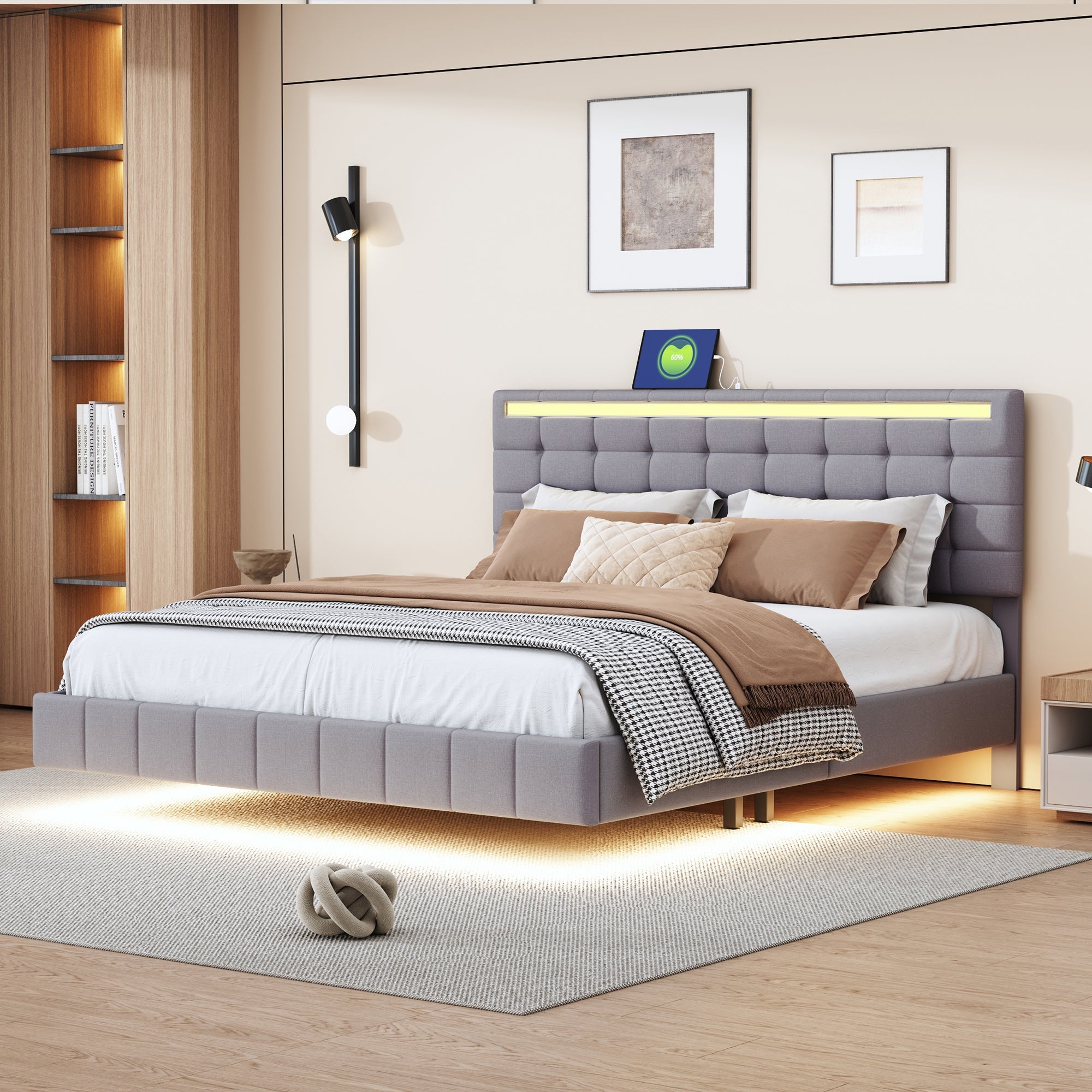 Logidon upholstered bed 160 x 200 cm padded floating bed frame gray