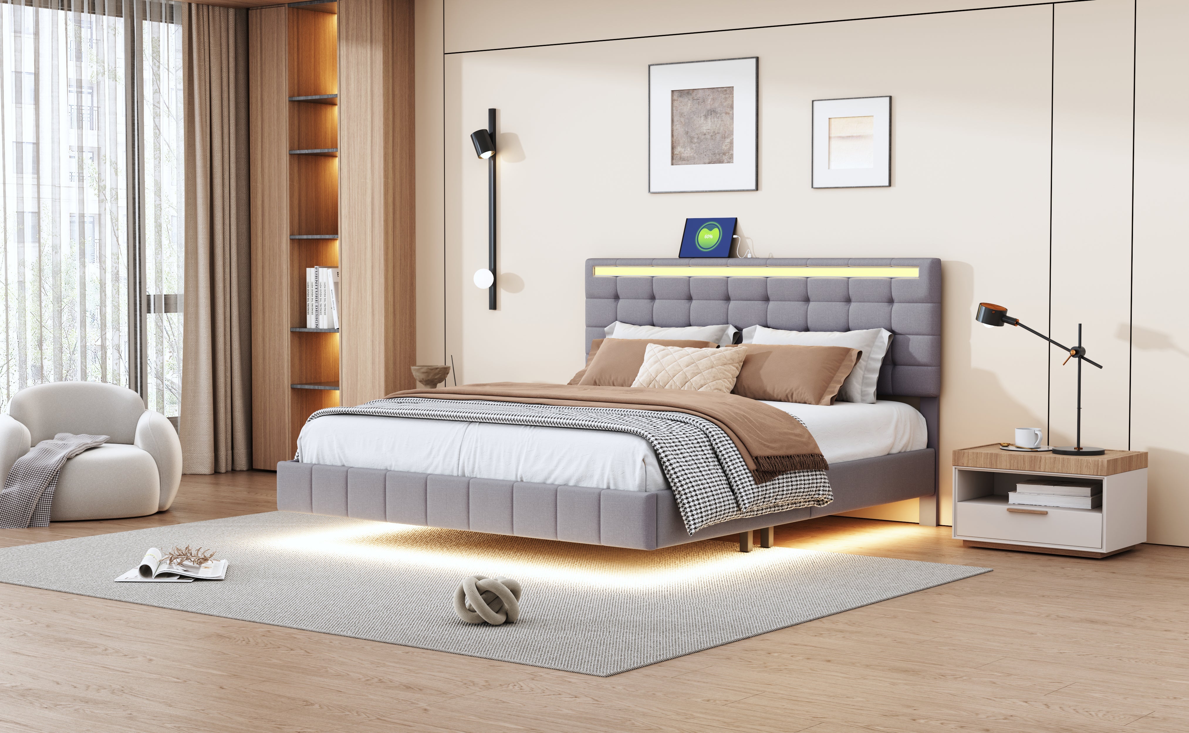 Logidon upholstered bed 160 x 200 cm padded floating bed frame gray