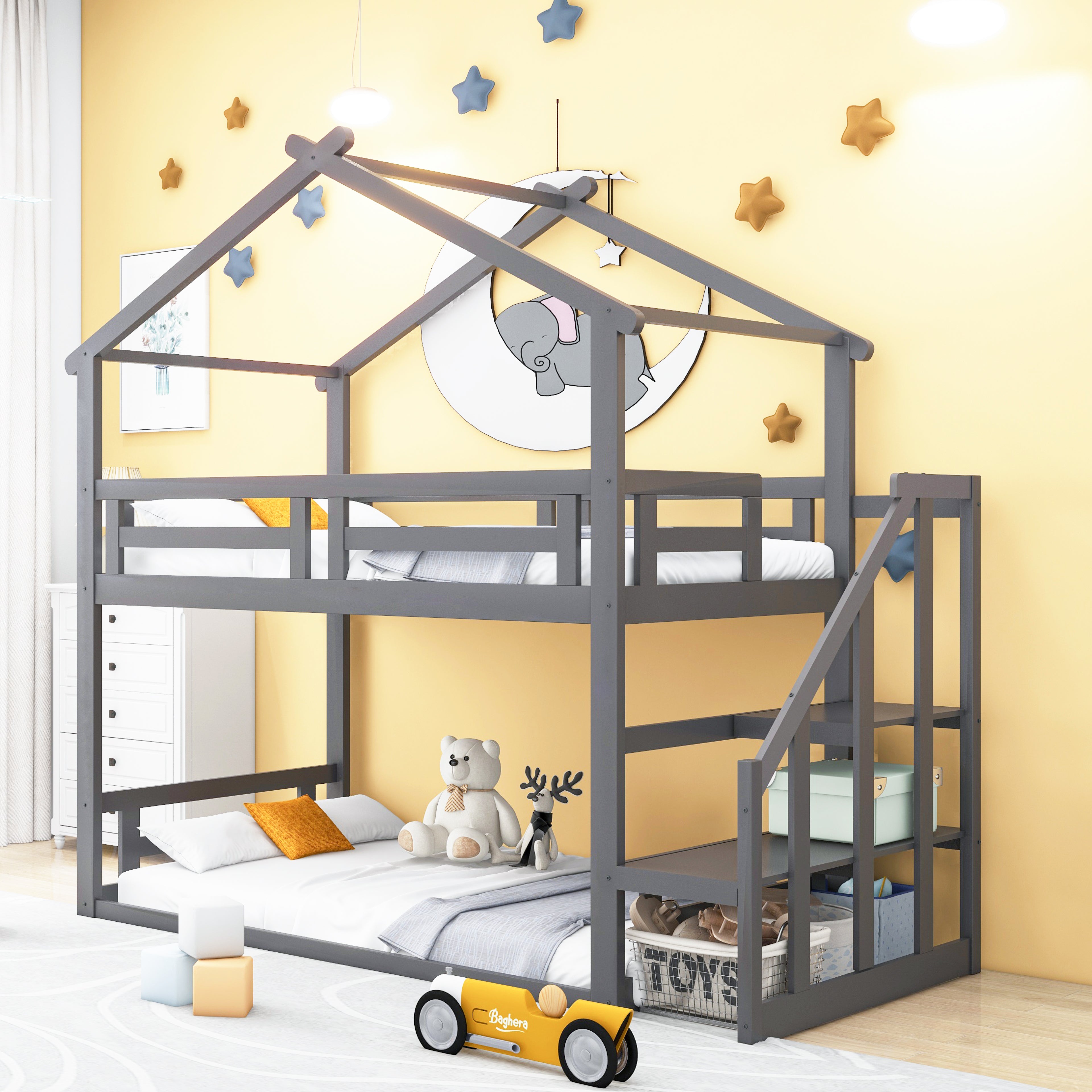 Logidon Children's Bed 90x200 Gray Low Bunk Bed With Safety Stairs