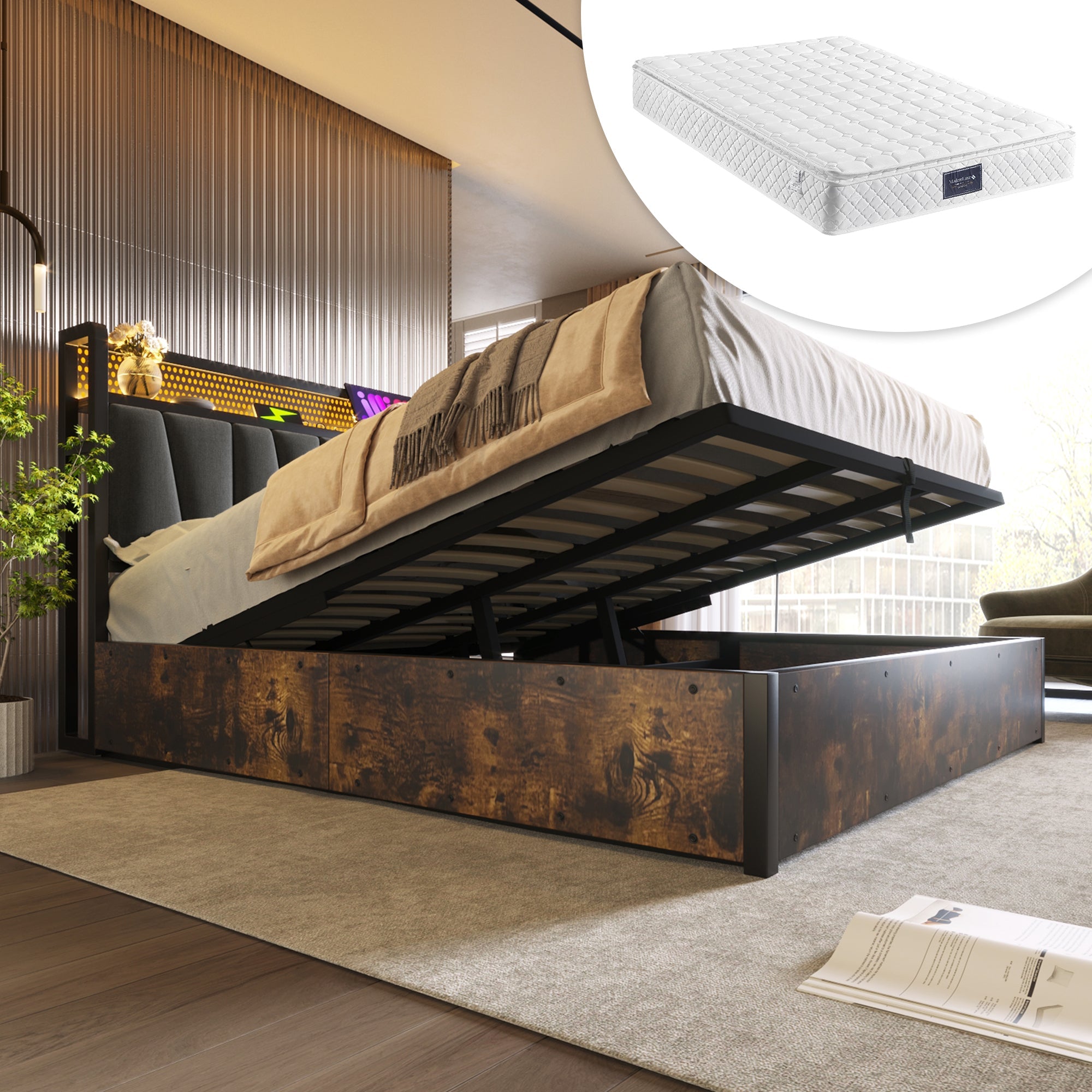 Logidon gestoffeerd bed metalen bed LED AppControl 140x200 tweepersoonsbed grijs