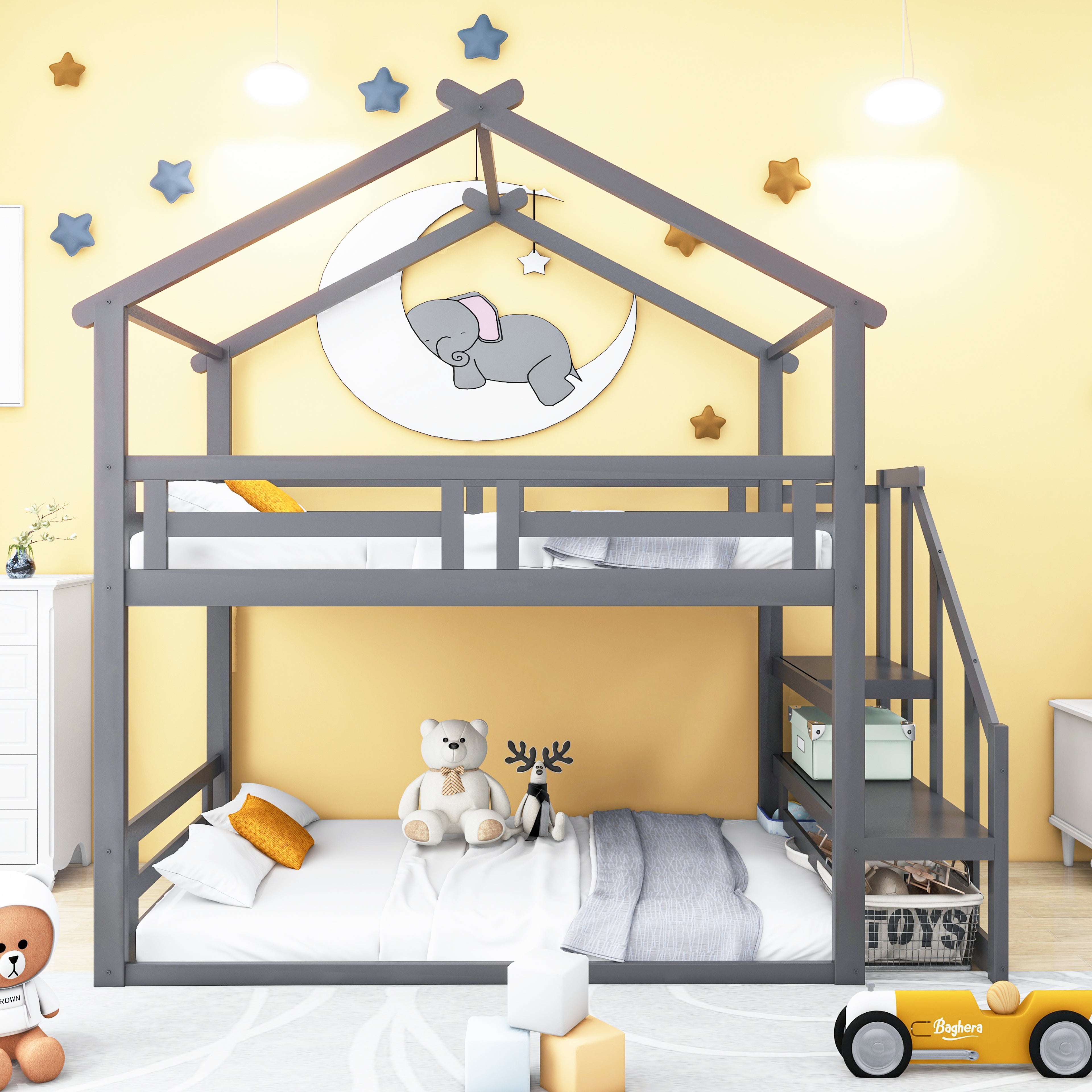 Logidon Children's Bed 90x200 Gray Low Bunk Bed With Safety Stairs