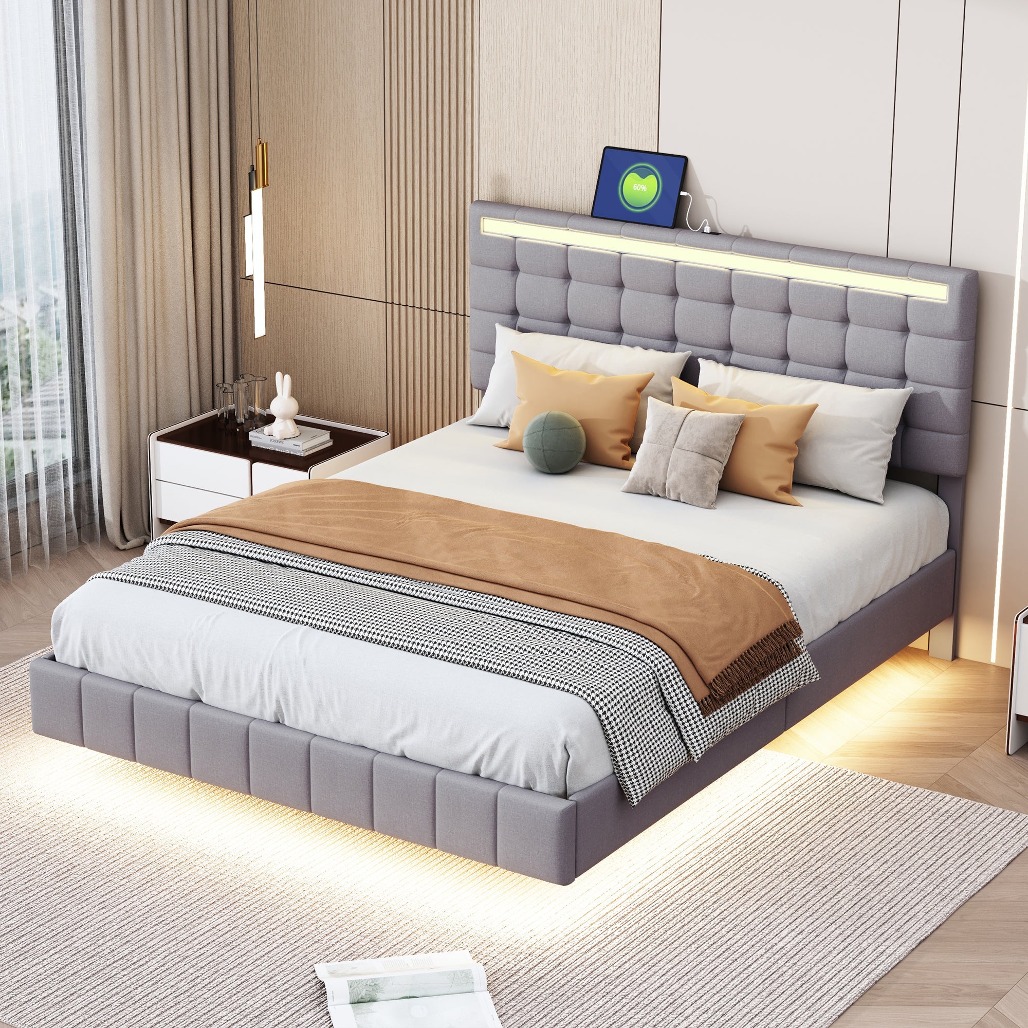 Logidon upholstered bed 140x200 cm gray with LED light strip headboard