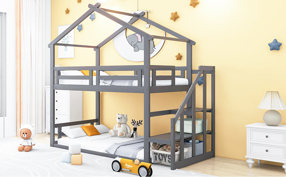 Logidon Children's Bed 90x200 Gray Low Bunk Bed With Safety Stairs